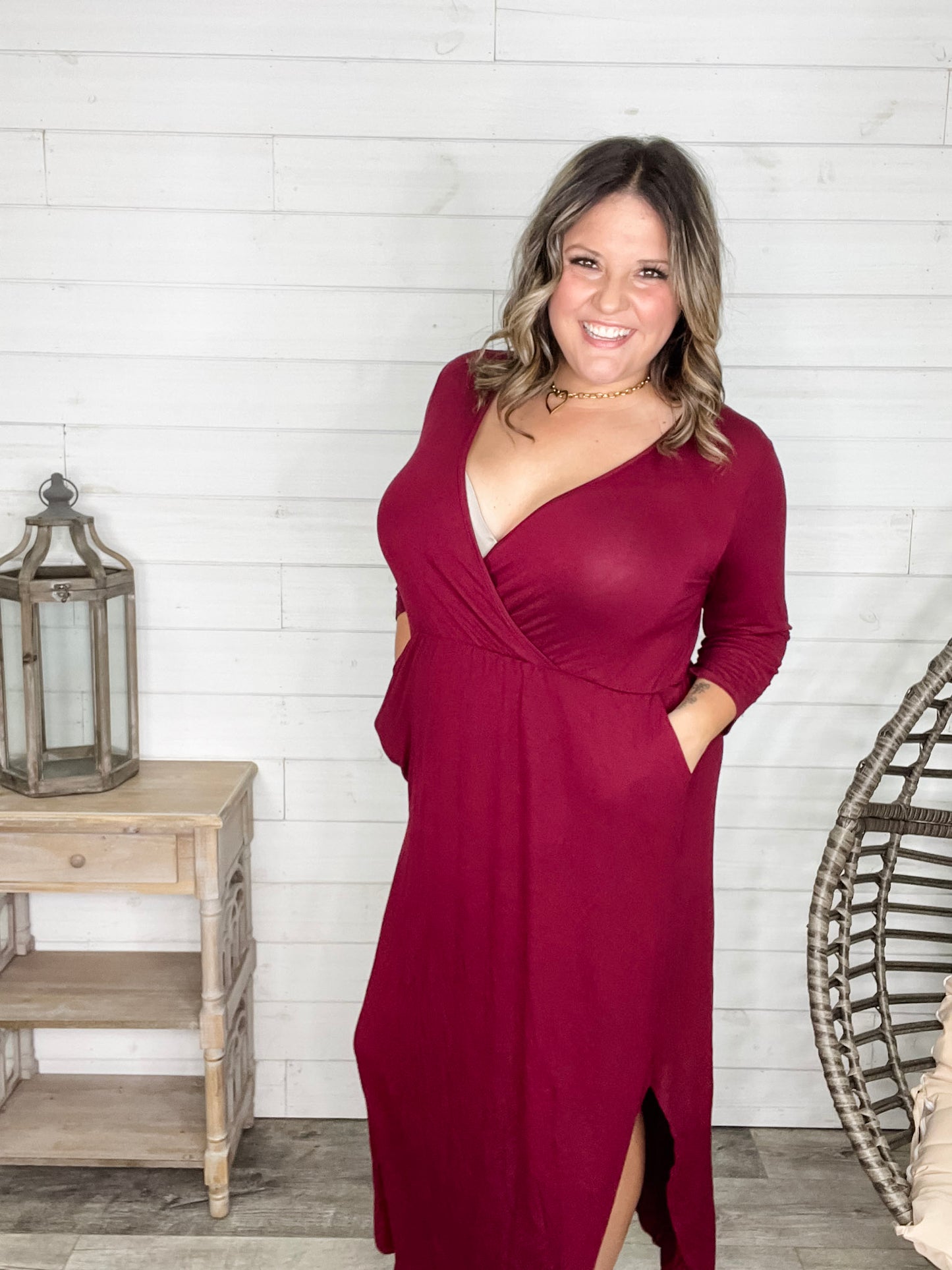Solid 3/4 Sleeve Wrap Dress with Pockets (Burgundy)