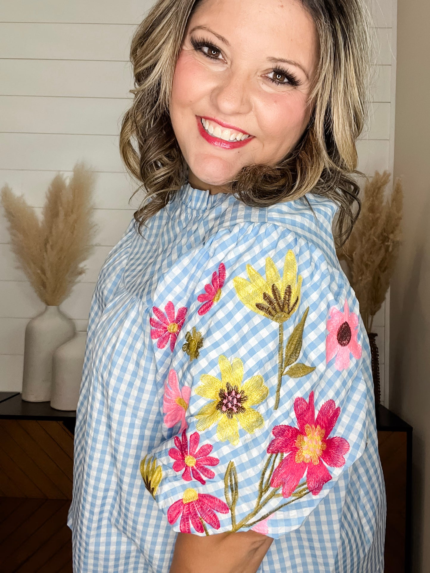 "Becker" Gingham Embroidered Bubble Sleeve