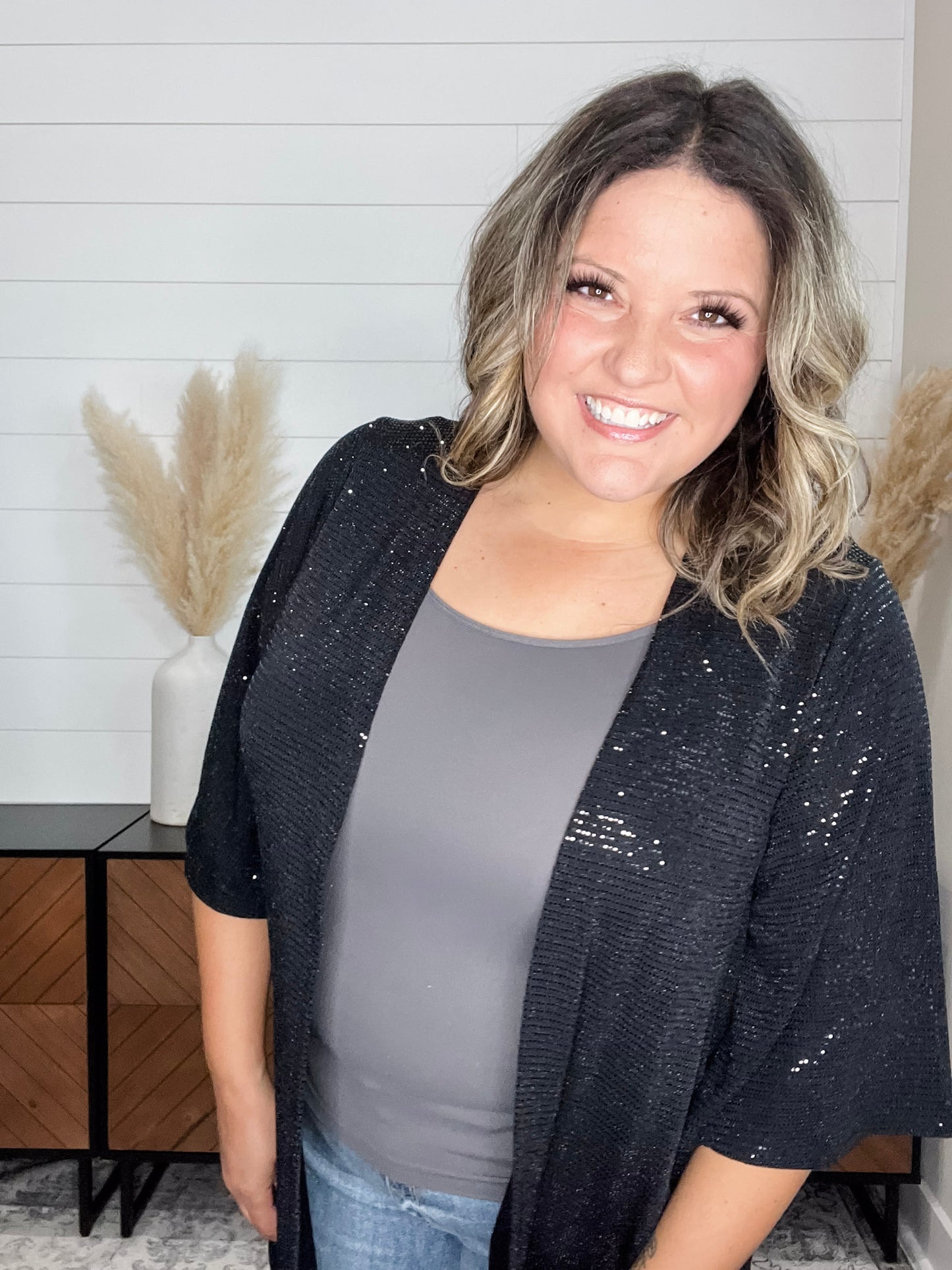 "Roosevelt" Short Sleeve Sparkle Cardigan with Double Ruffle Sleeve (Black)