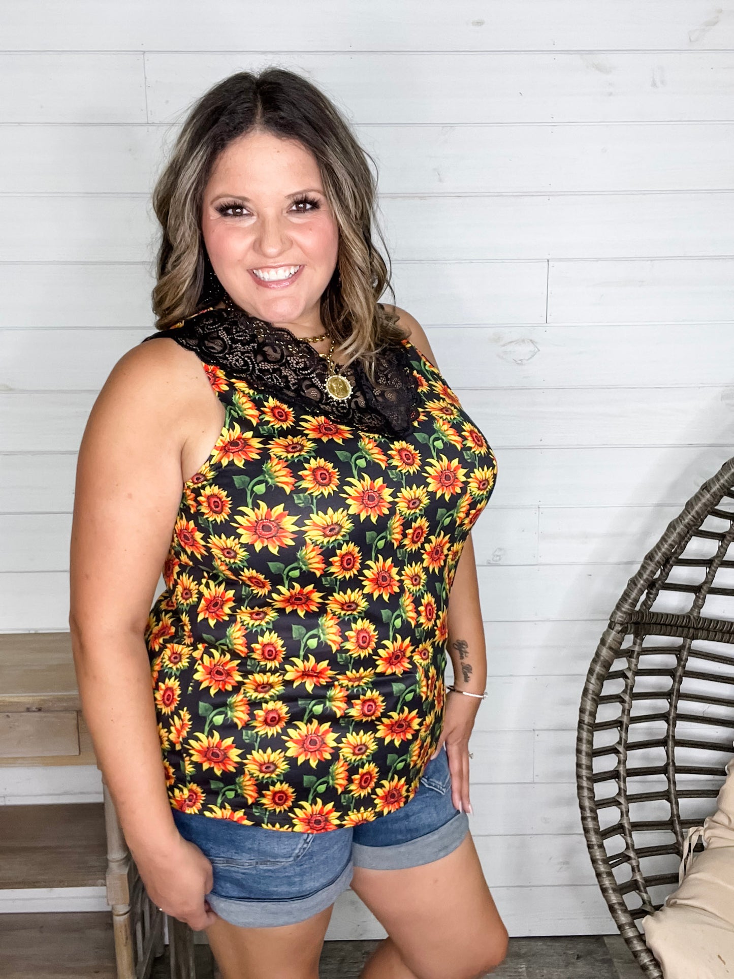 "I Am Happy" Sunflower Tank with Lace Detail
