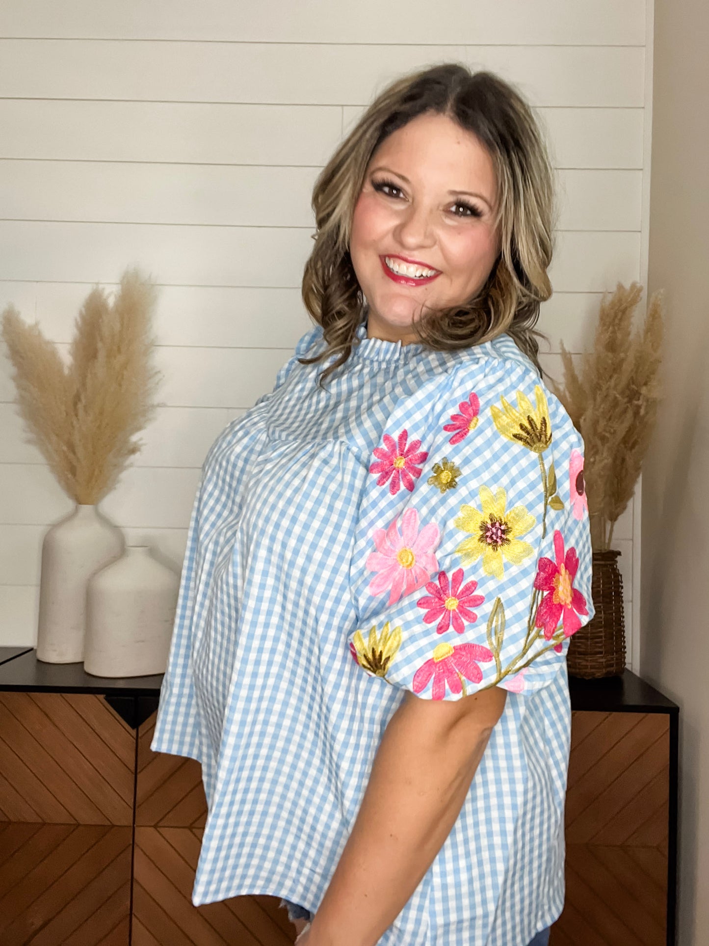 "Becker" Gingham Embroidered Bubble Sleeve