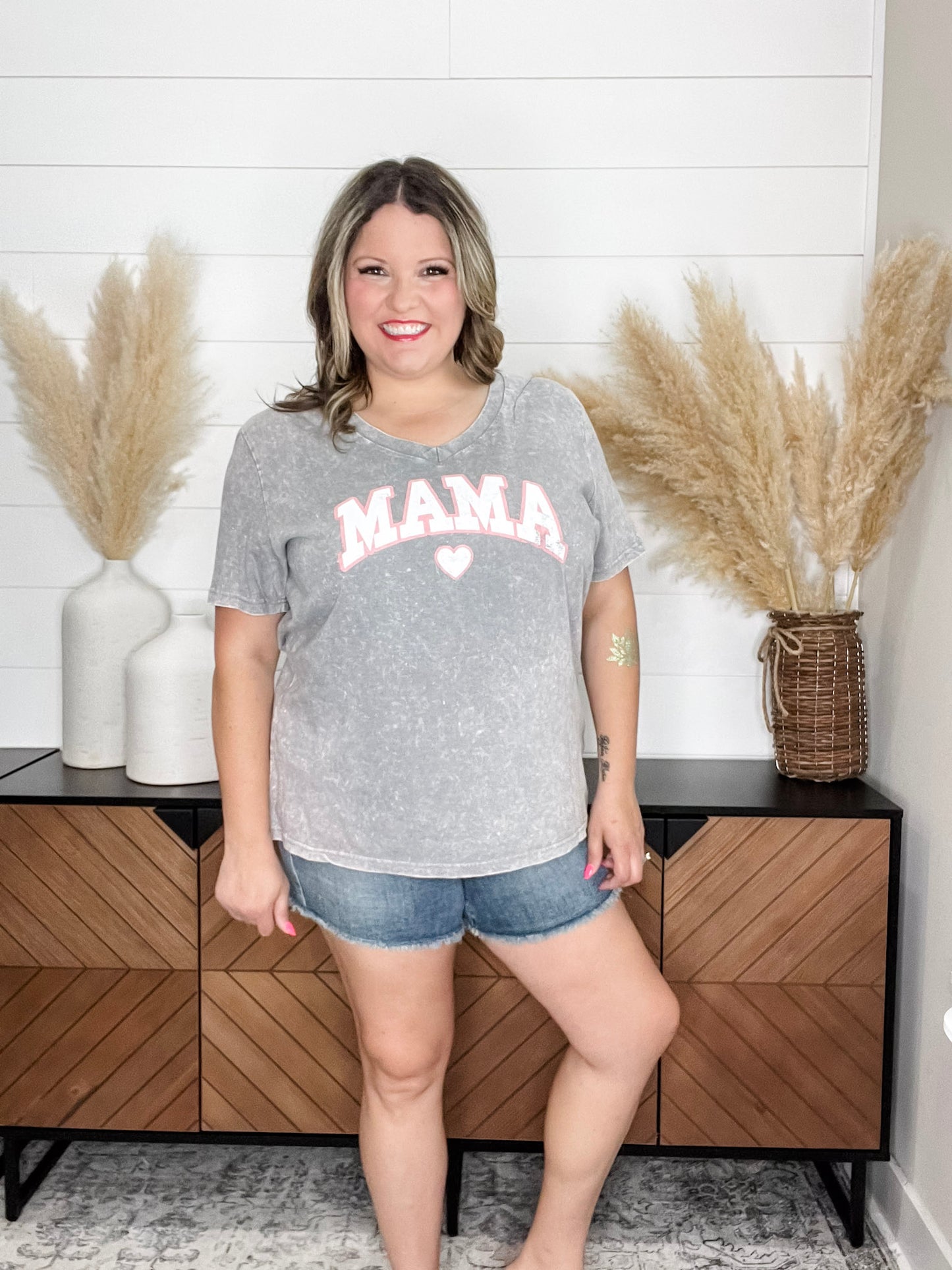 Mineral Wash "Mama" Graphic V Neck Tee