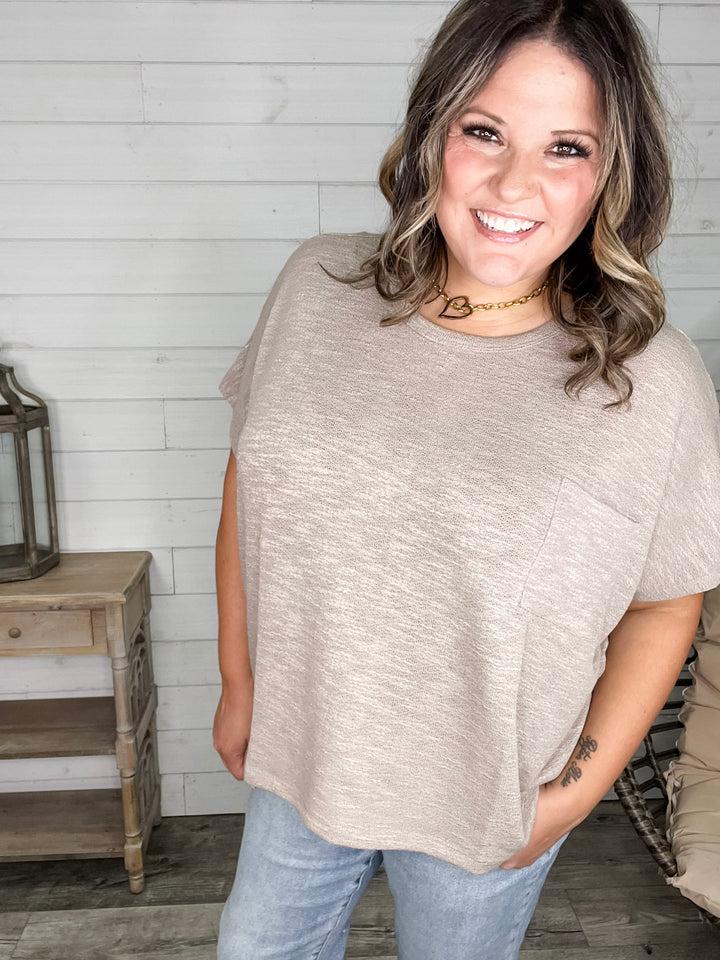 "Ponder" Oversized Hacci Tee with Chest Pocket (Ash Mocha)