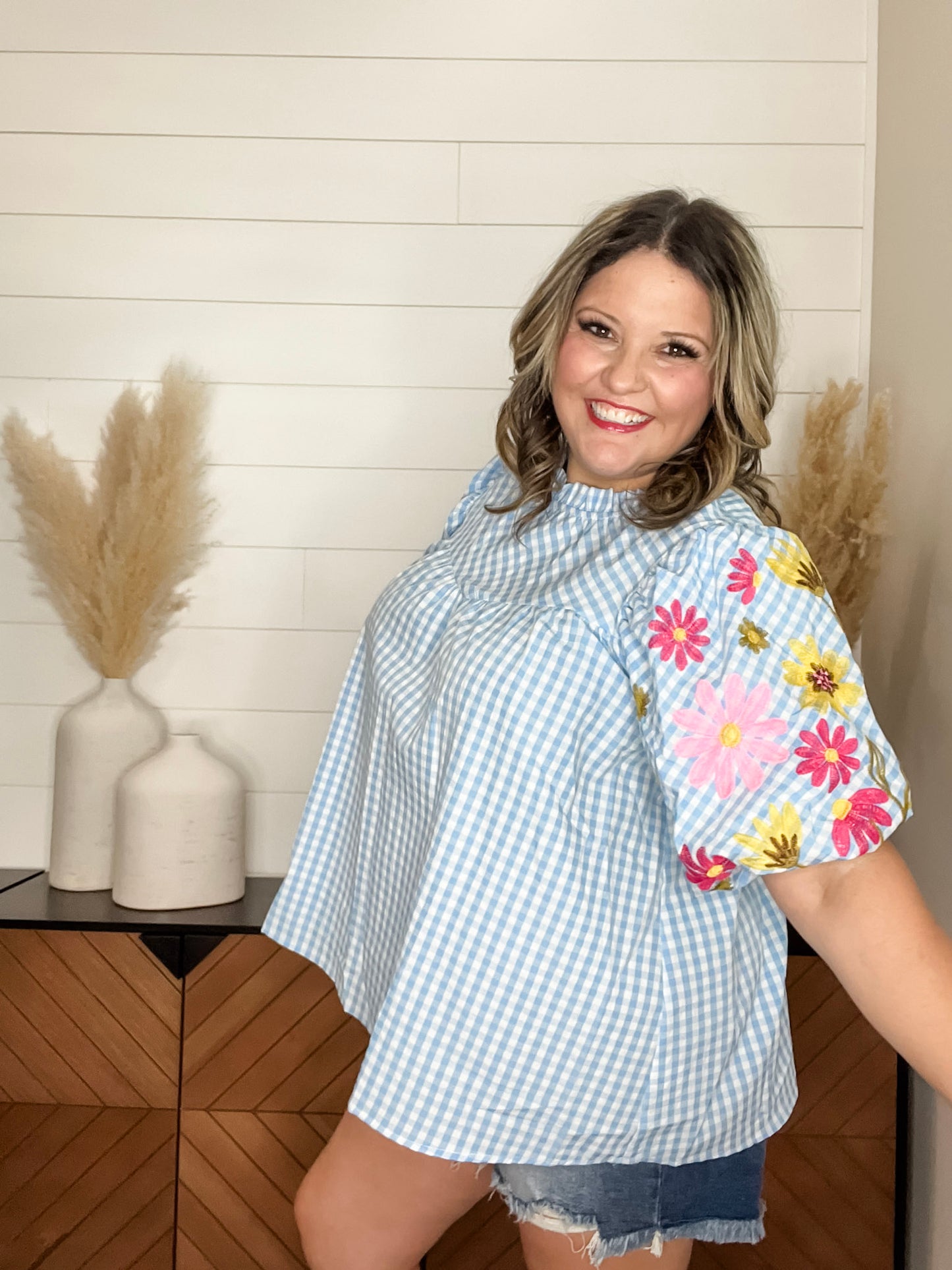 "Becker" Gingham Embroidered Bubble Sleeve