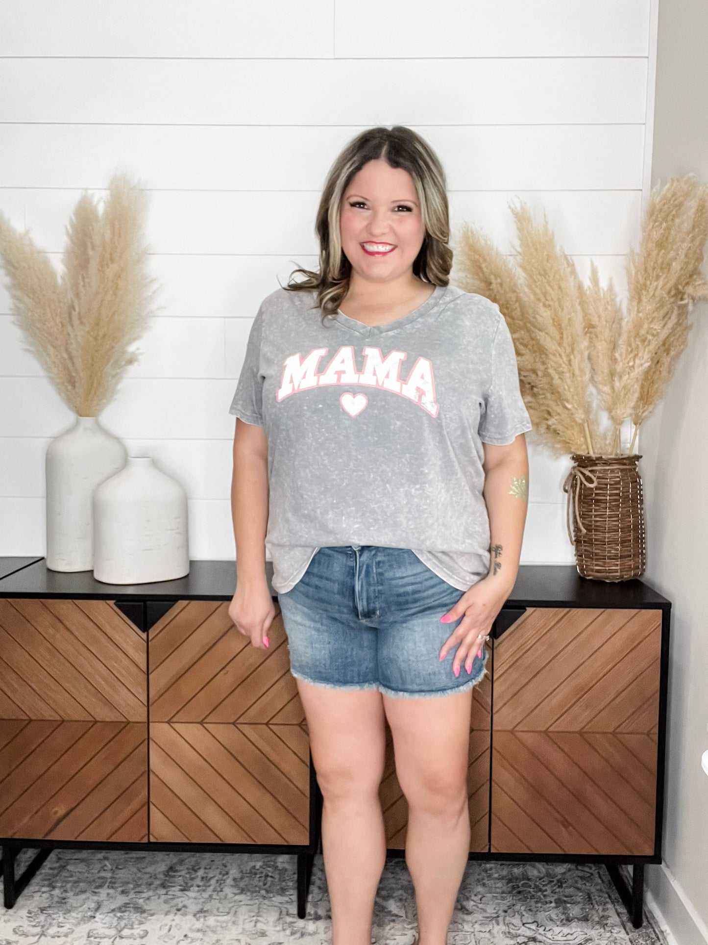 Mineral Wash "Mama" Graphic V Neck Tee