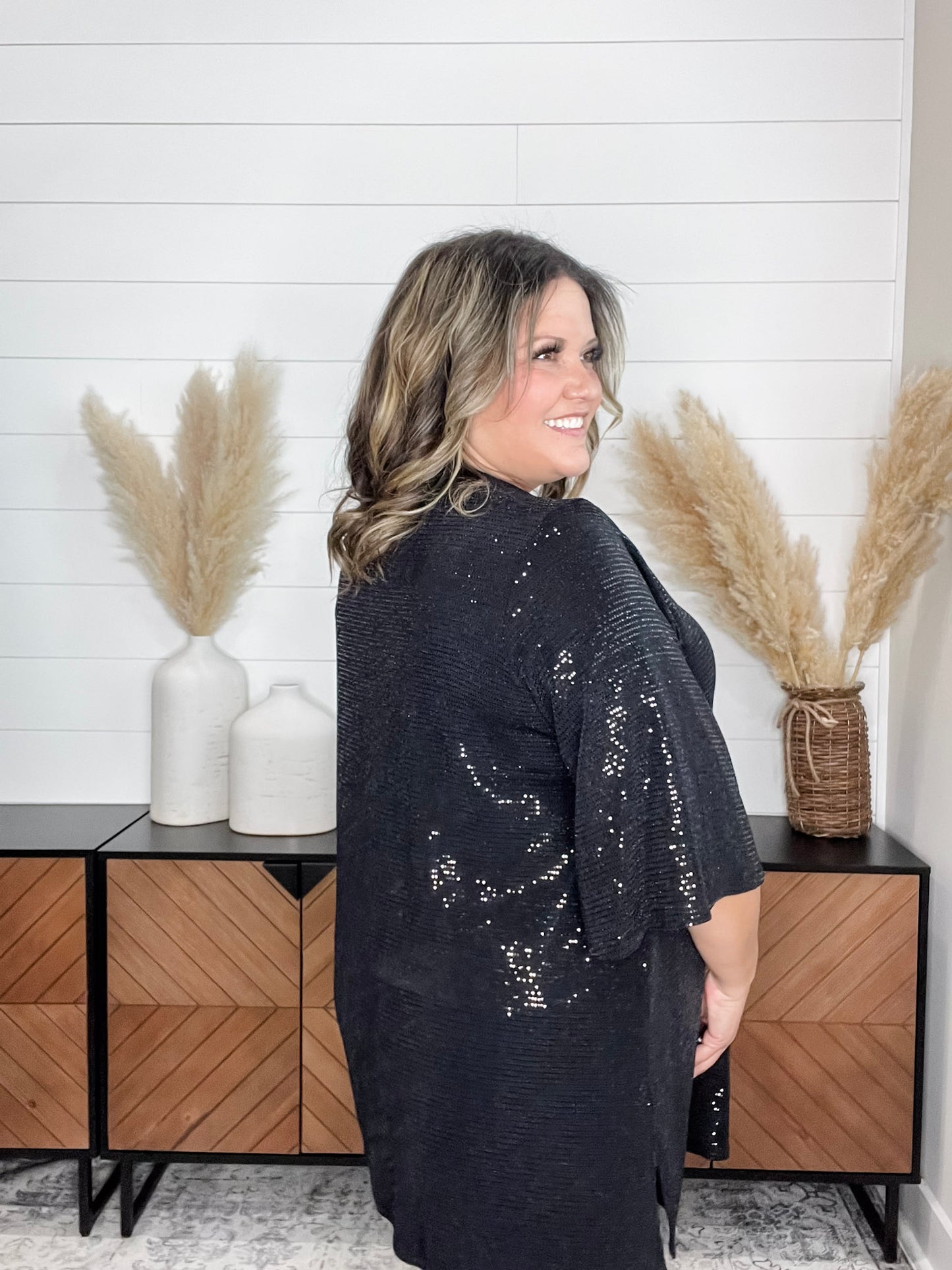 "Roosevelt" Short Sleeve Sparkle Cardigan with Double Ruffle Sleeve (Black)