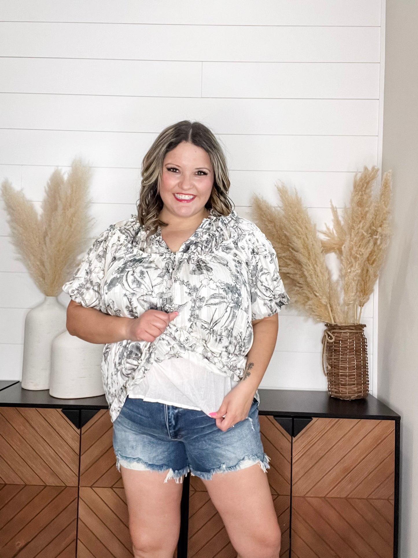 "Touch Of Sass" Bubble Short Sleeve Split Neck