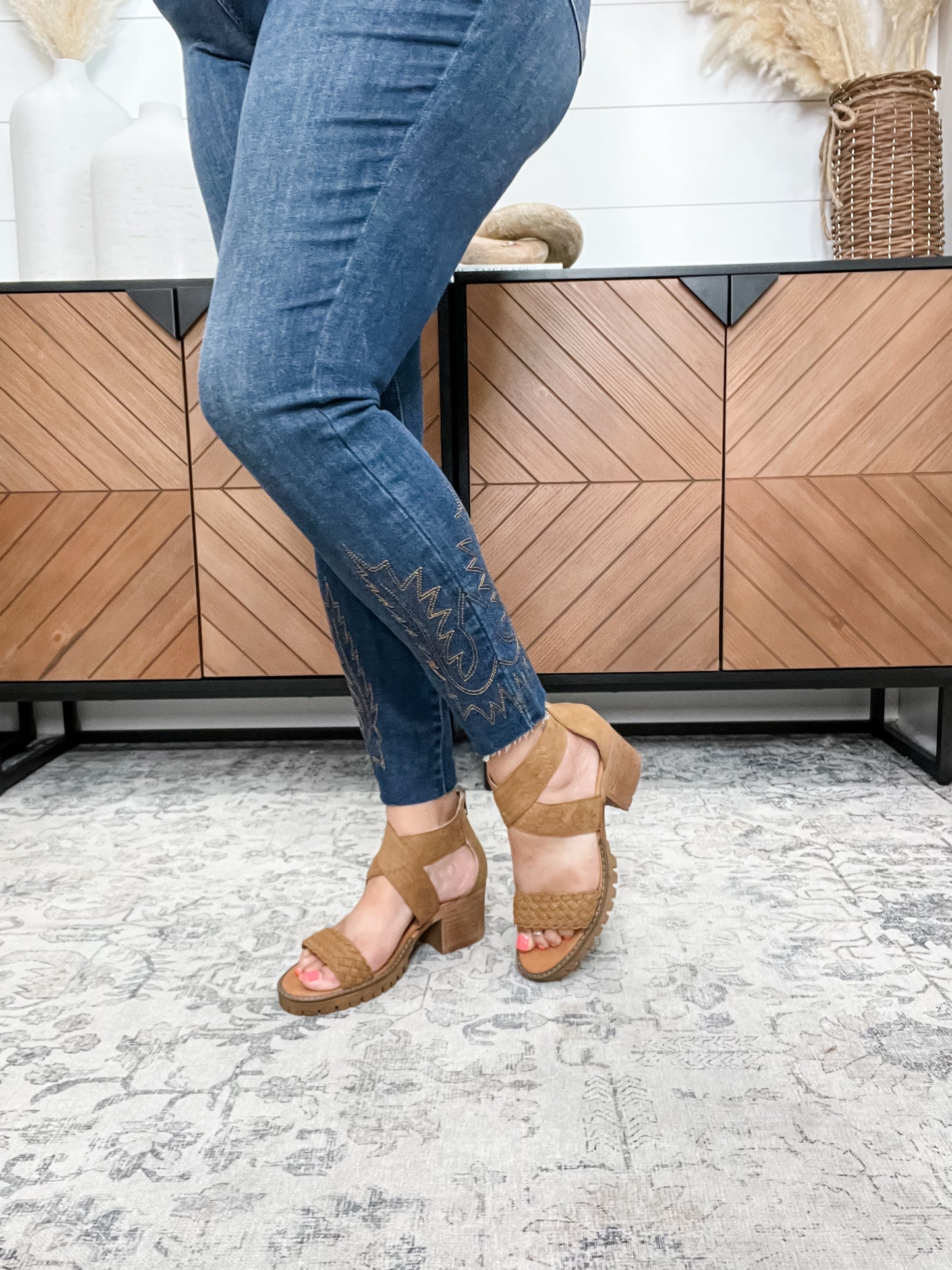 "Vana" Faux Suede Sandal By Very G with Laser Cut Rose Detail (Tan)
