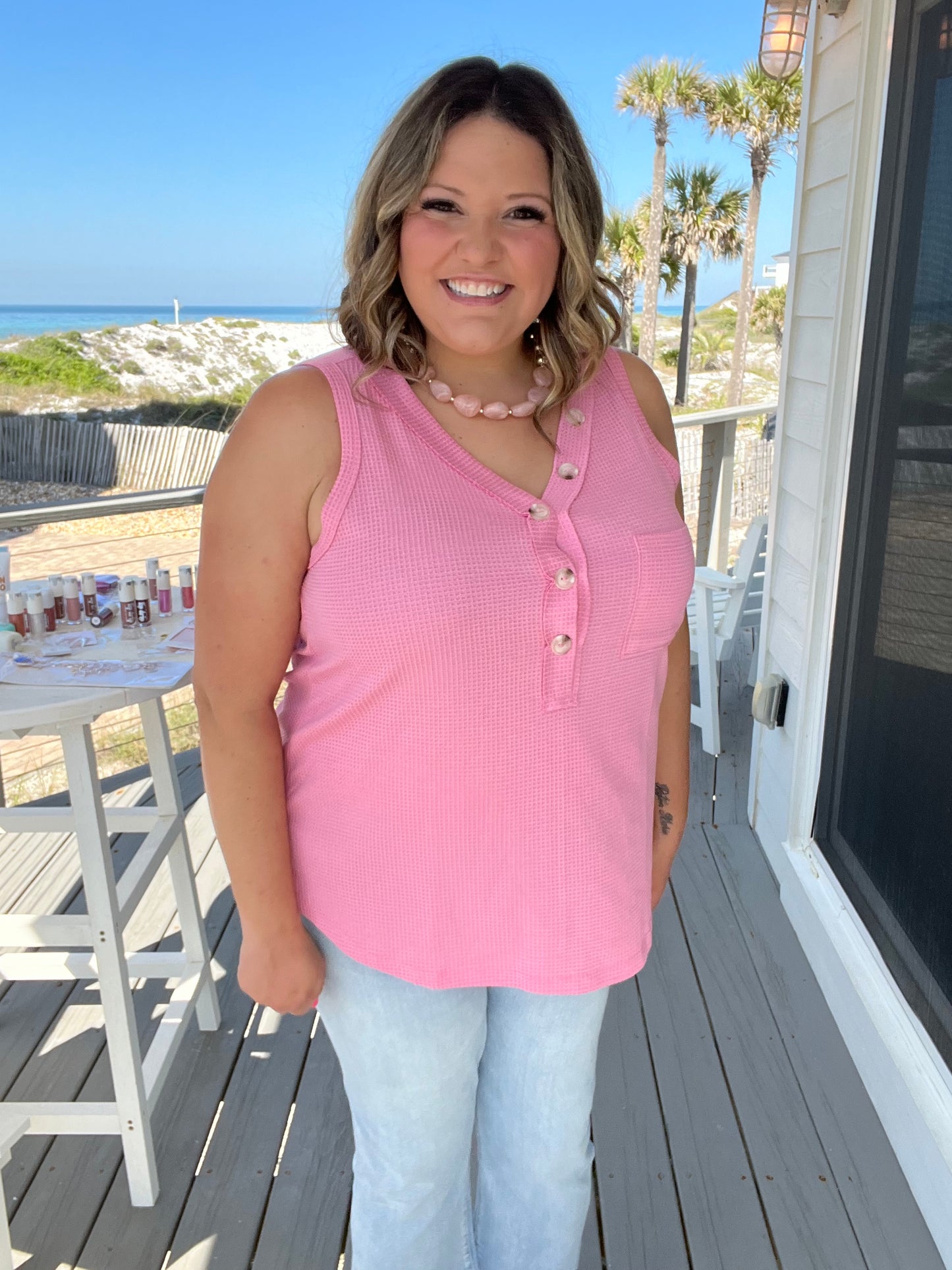 "Caldwell" Waffle Texture Tank with Chest Pockets and Faux Buttons (Pink)