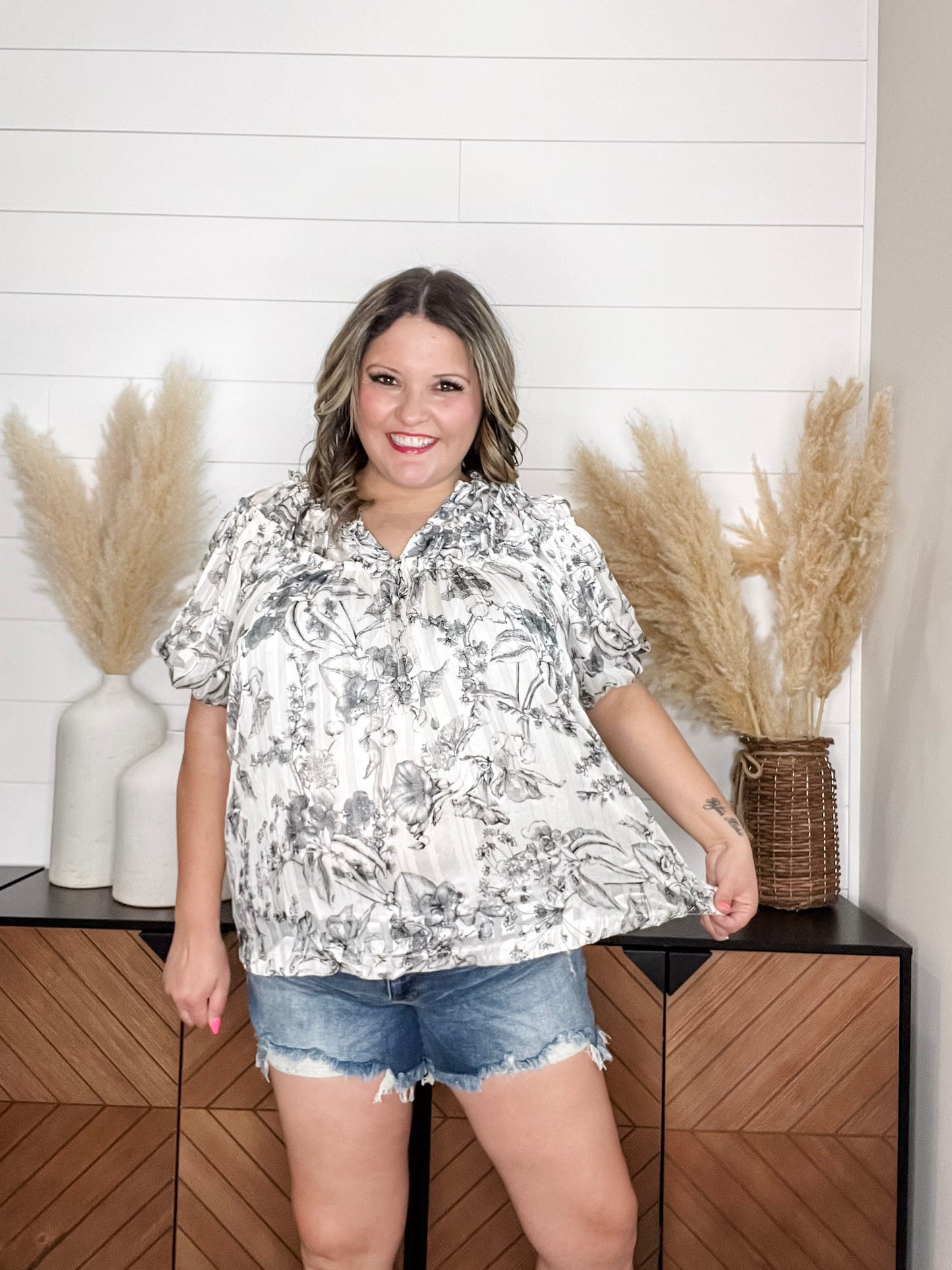 "Touch Of Sass" Bubble Short Sleeve Split Neck