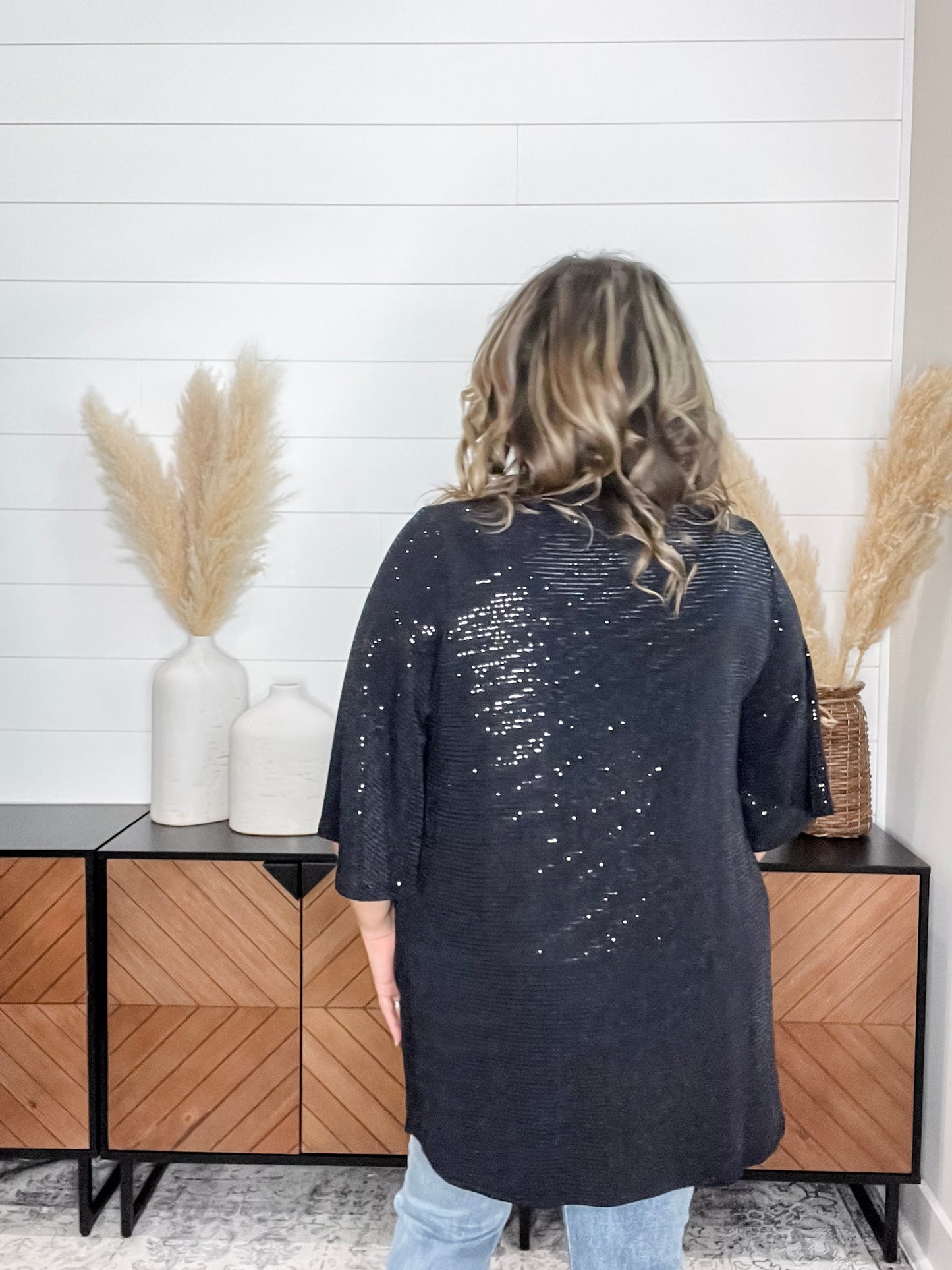 "Roosevelt" Short Sleeve Sparkle Cardigan with Double Ruffle Sleeve (Black)