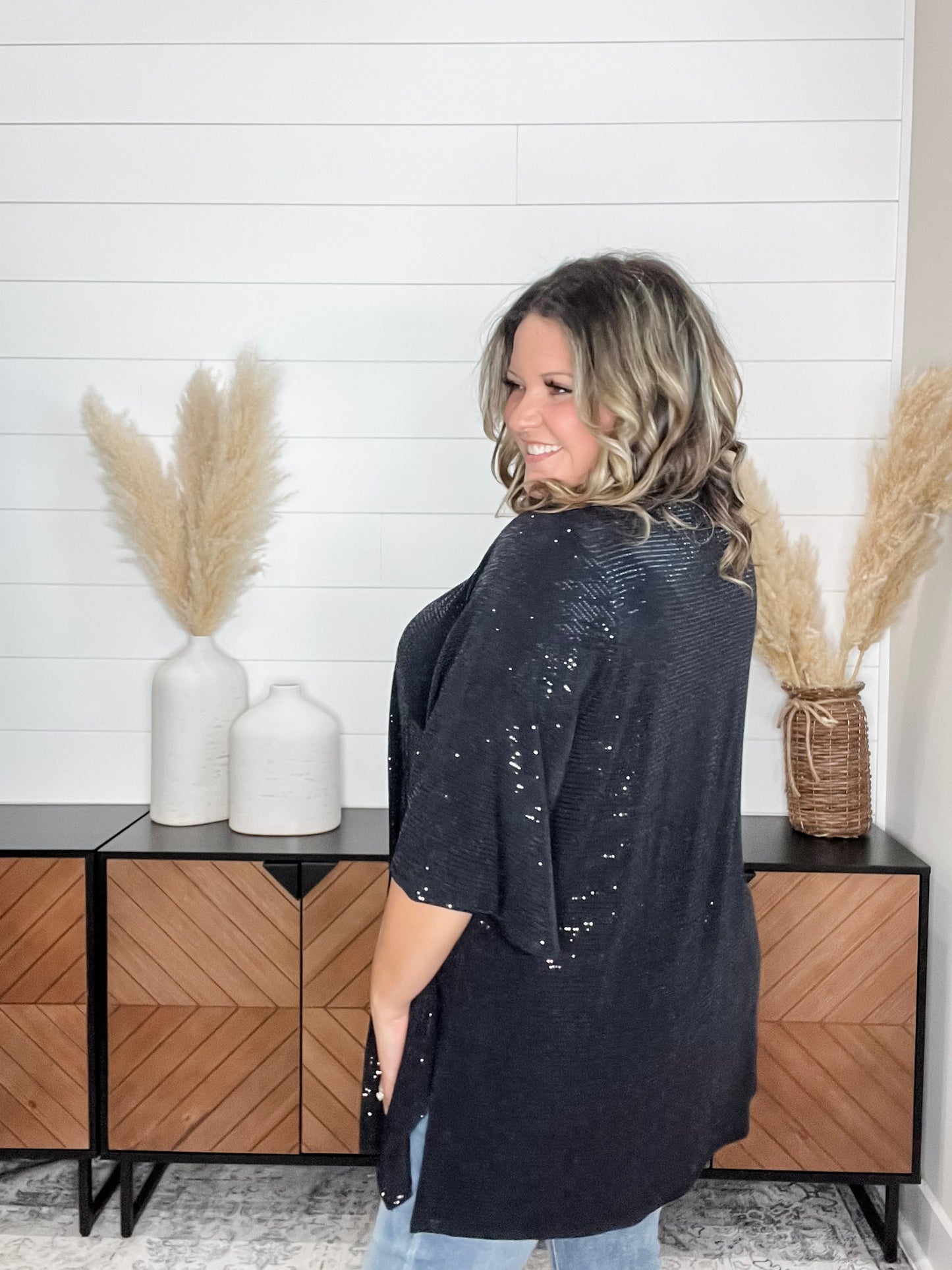 "Roosevelt" Short Sleeve Sparkle Cardigan with Double Ruffle Sleeve (Black)
