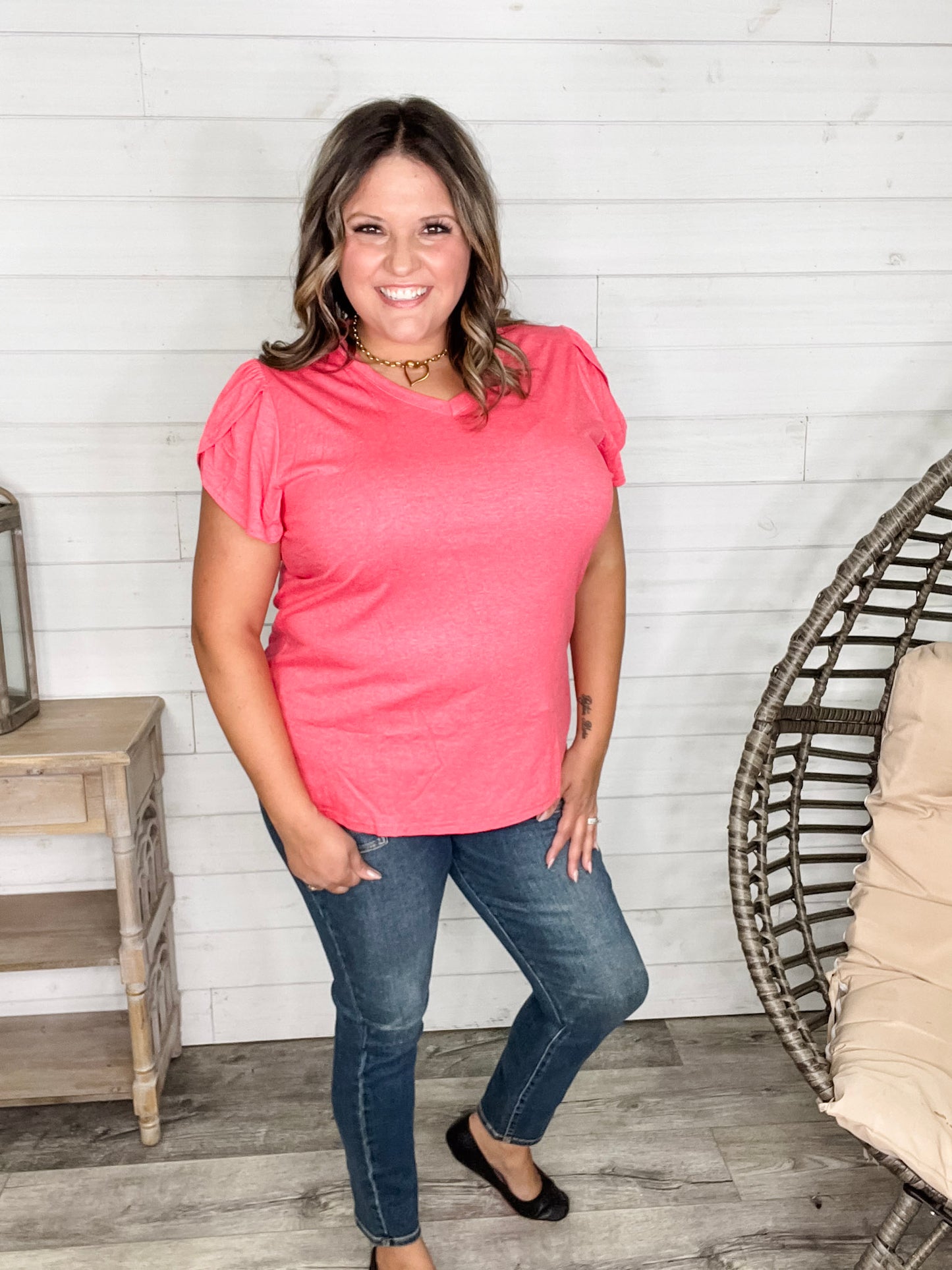 "Just The Beginning Chapter Two" Solid Tulip Sleeve V Neck (Coral)