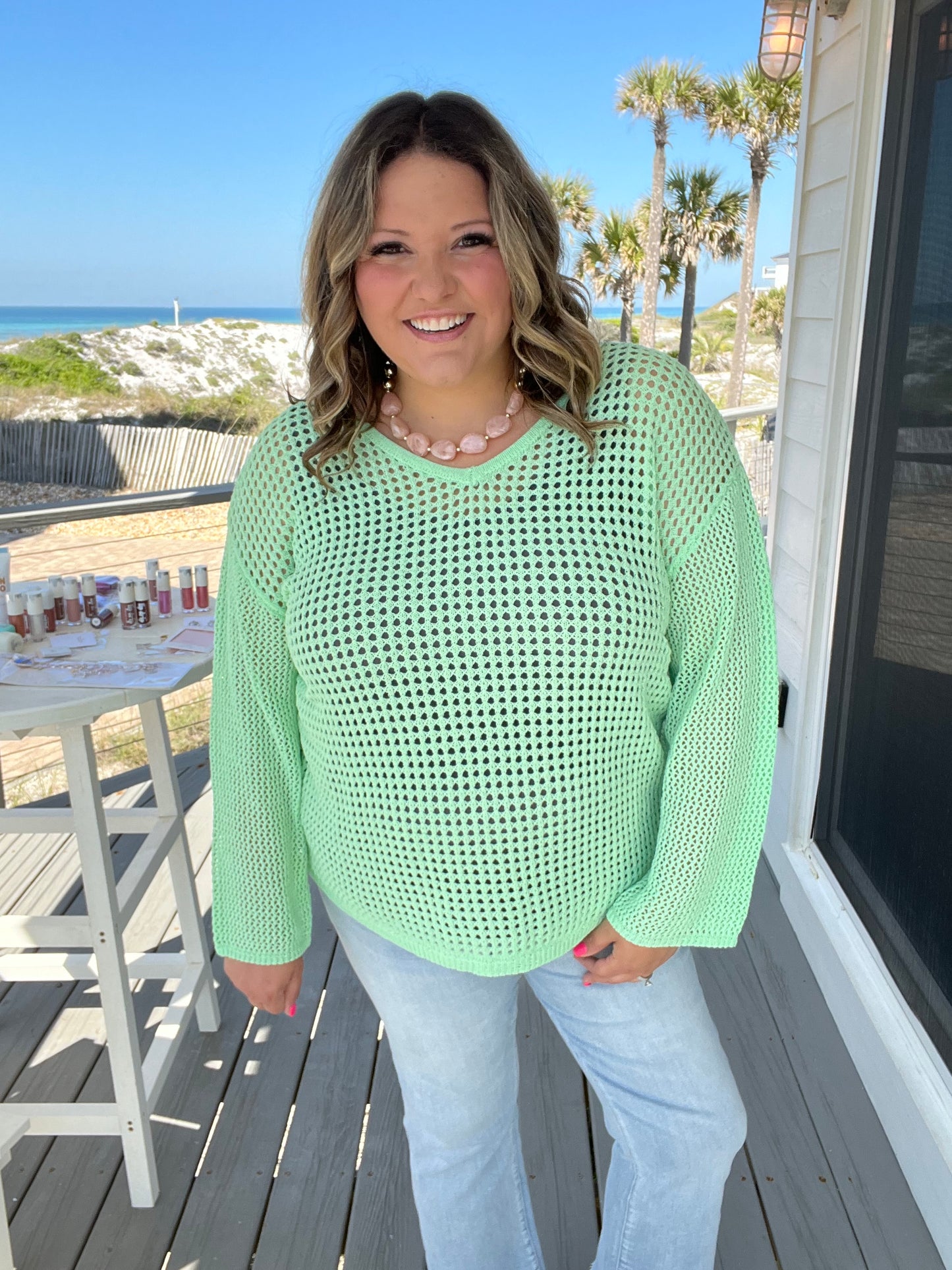 "Maurice" Wide Weft Long Sleeve V Neck (Mint)