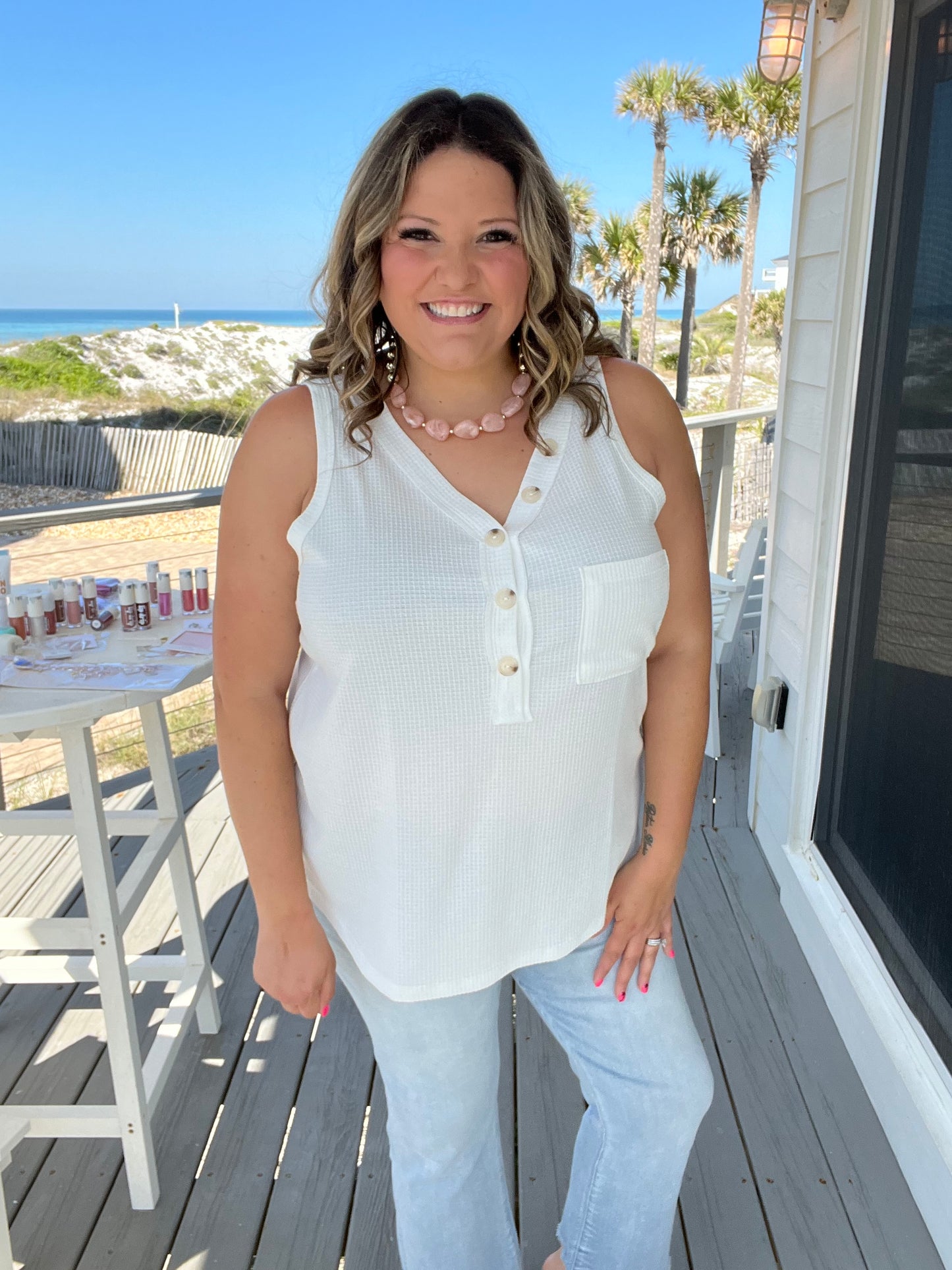 "Caldwell" Waffle Texture Tank with Chest Pockets and Faux Buttons (Ivory)