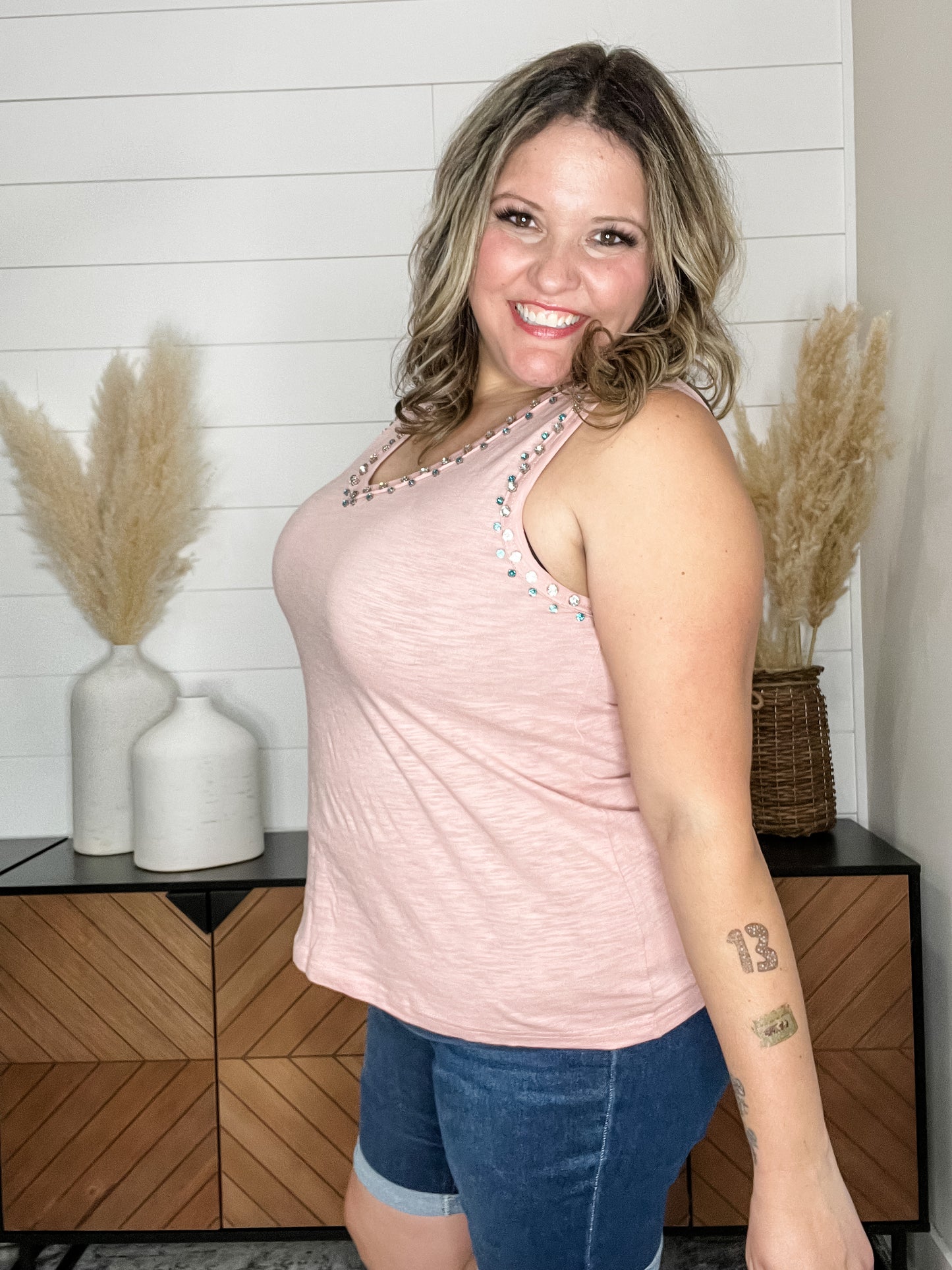 "Reflection" U Neck Tank with Embellishments
