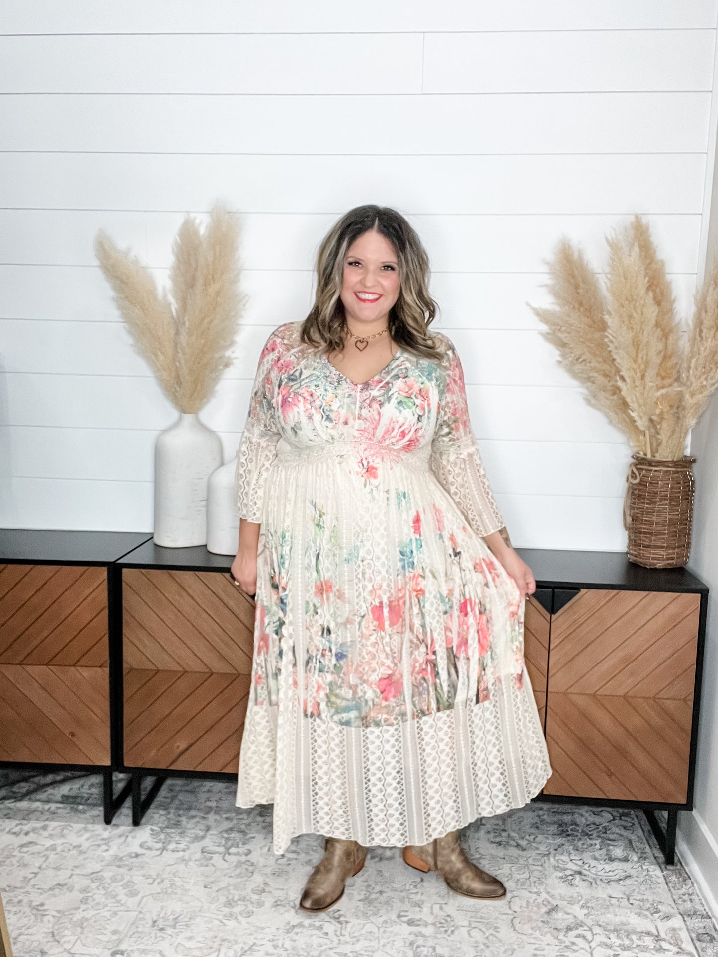 "Country In The Park" Long Sleeve V Neck Lace Maxi Dress