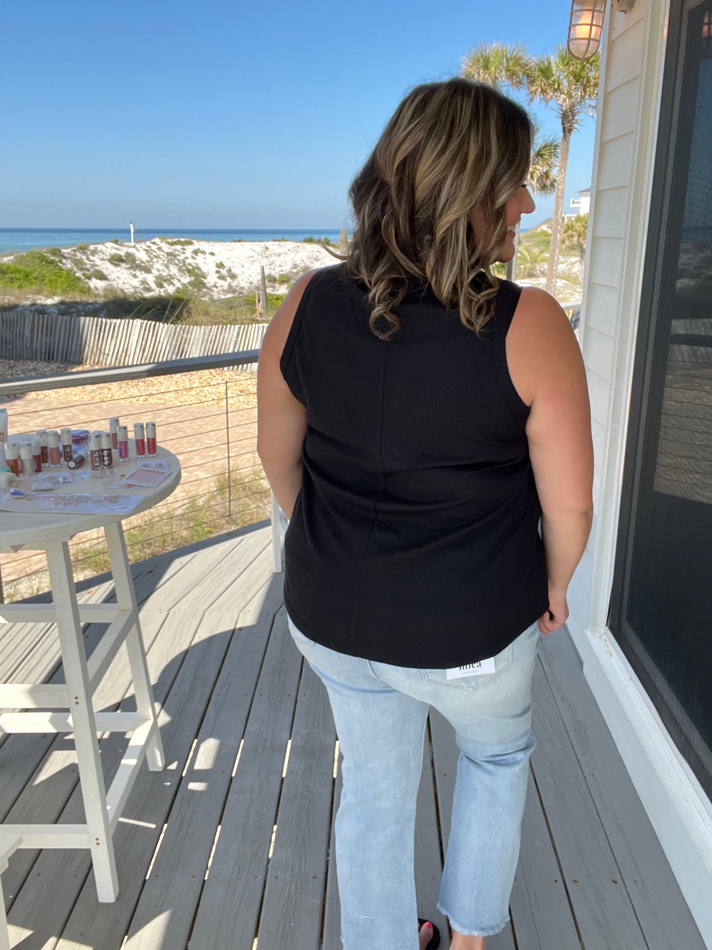 "Caldwell" Waffle Texture Tank with Chest Pockets and Faux Buttons (Black)