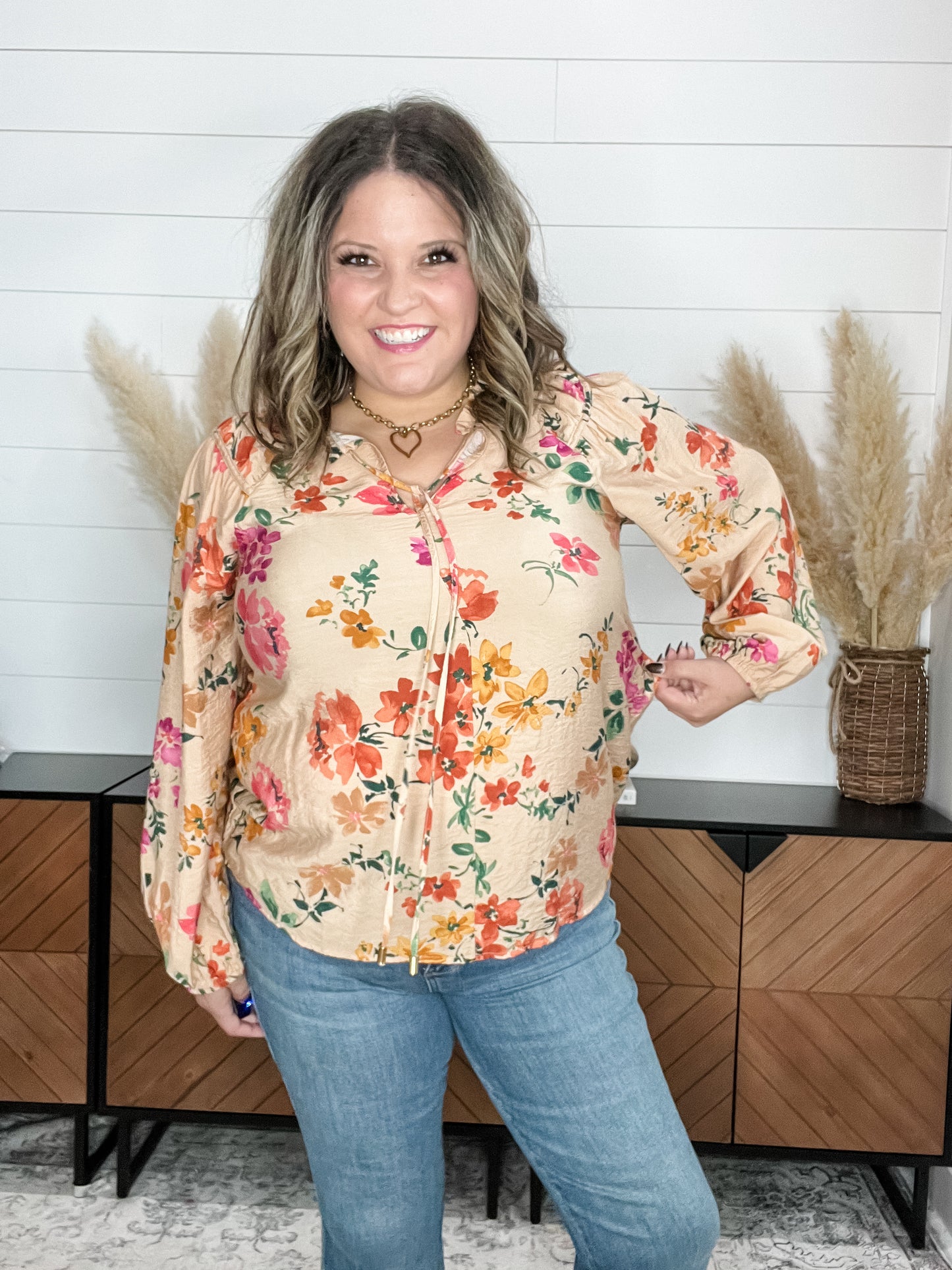 "Canyon" Floral High Collar with Tie Bubble Sleeve