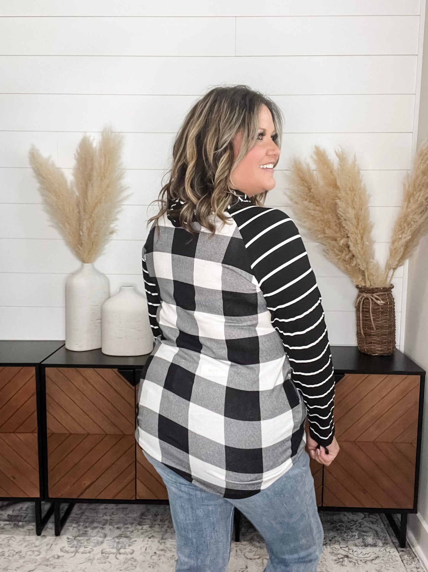 "Crystal" Light Weight Hoodie with Stripe Sleeve (Black & White Plaid)
