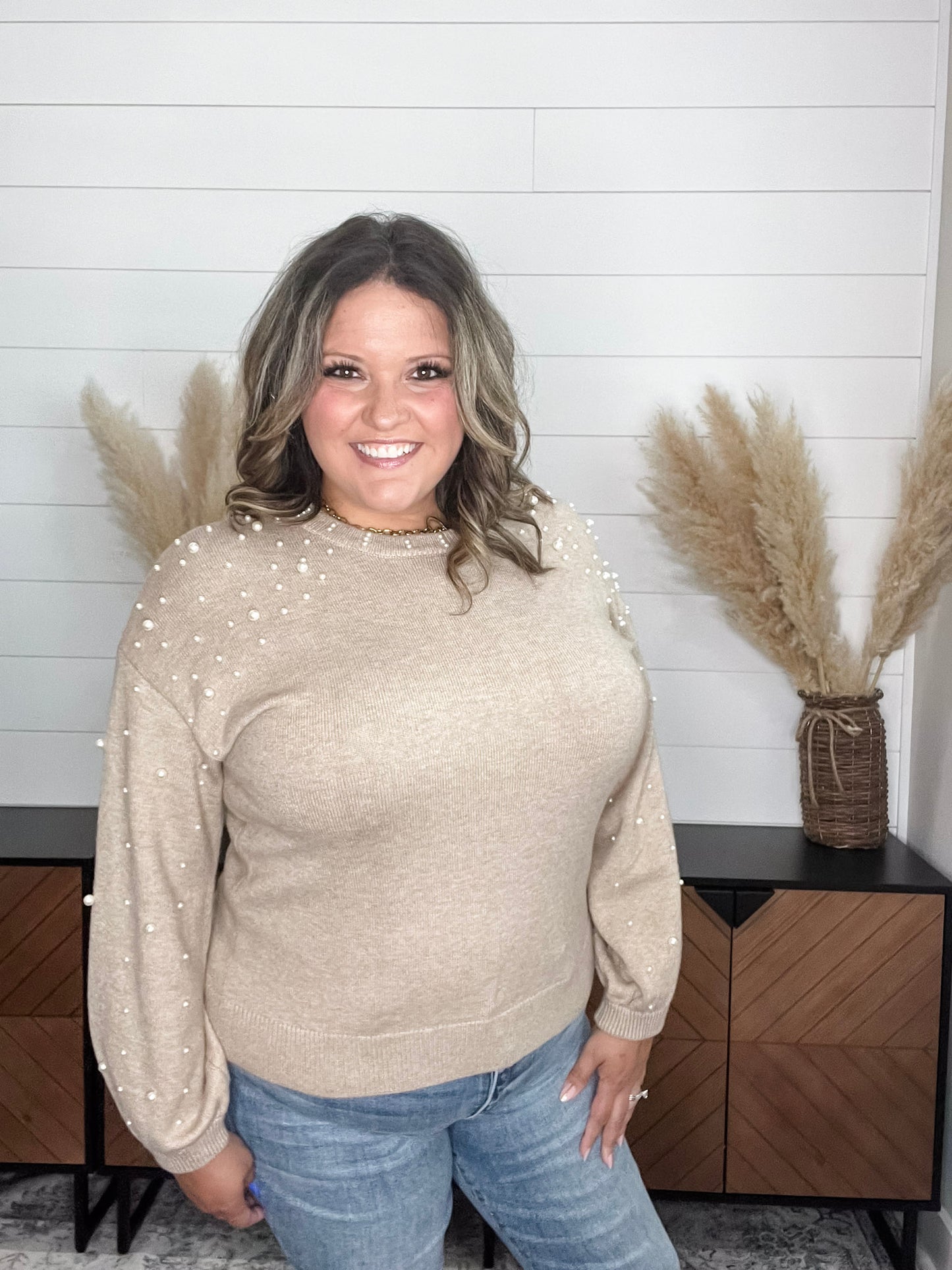 "Discreet" Long Sleeve Pearl Embellished Balloon Sleeve Sweater