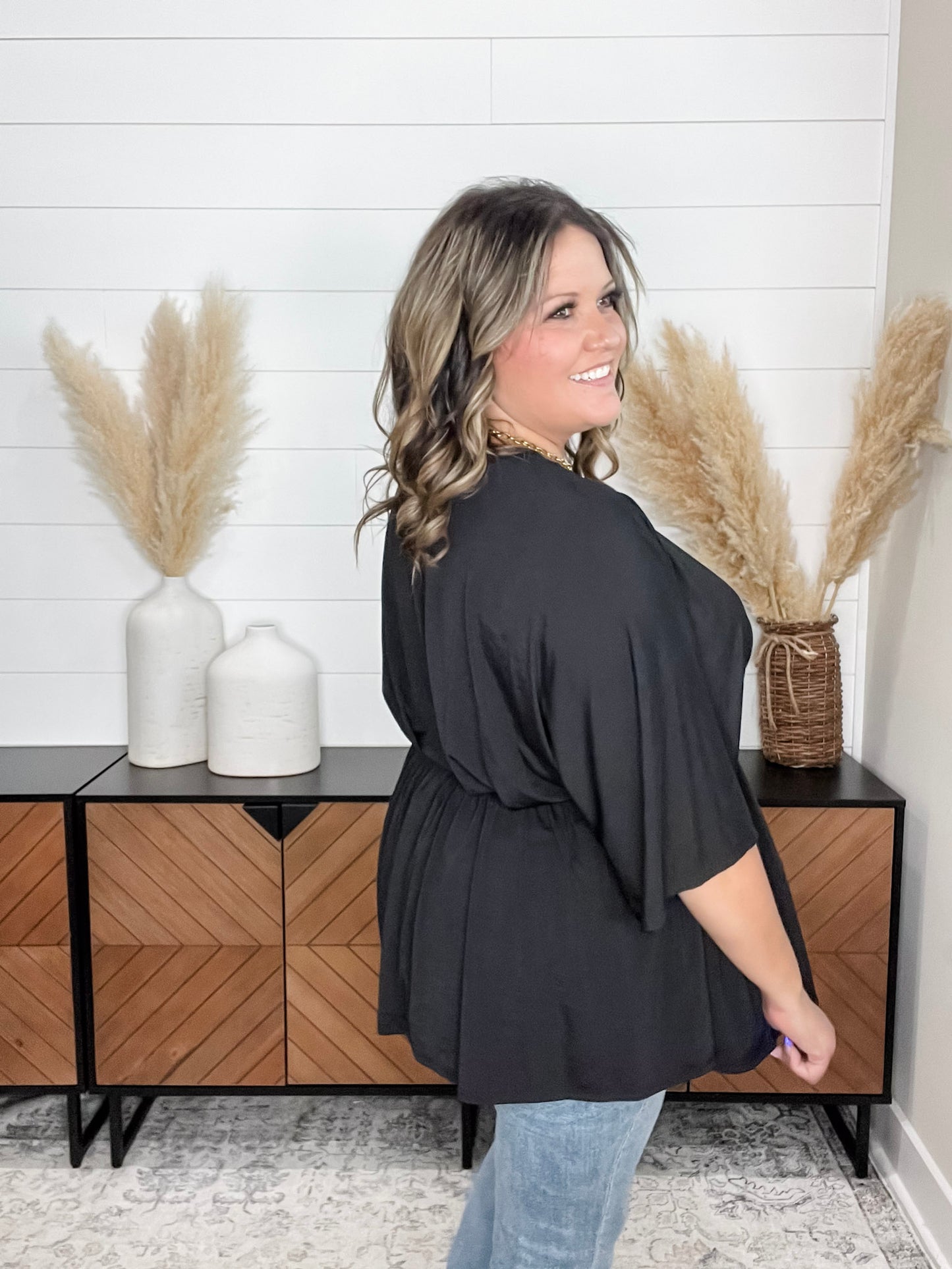 "Here We Go Again" V Neck 3/4 Bell Sleeve (Black)