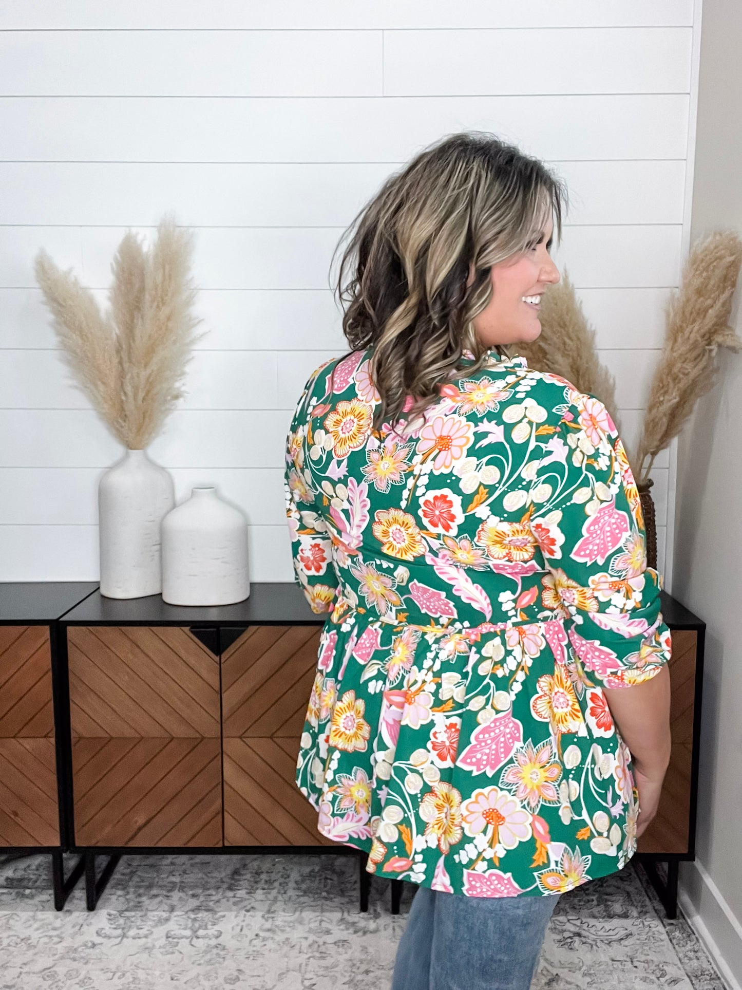 "Highland" 3/4 Sleeve Peplum with Front Tie