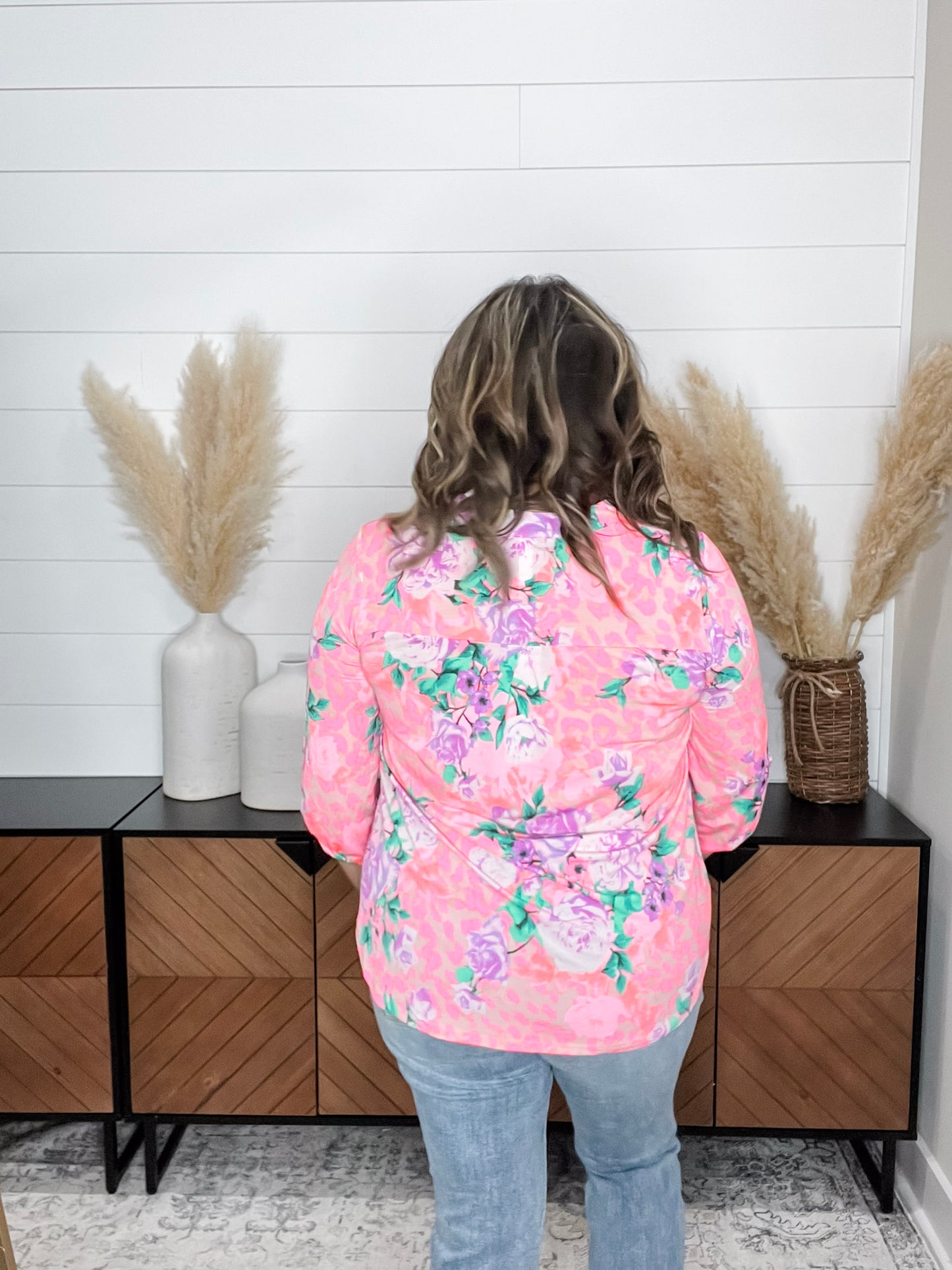 "Inclined" Floral 3/4 Sleeve Split Neck Tops