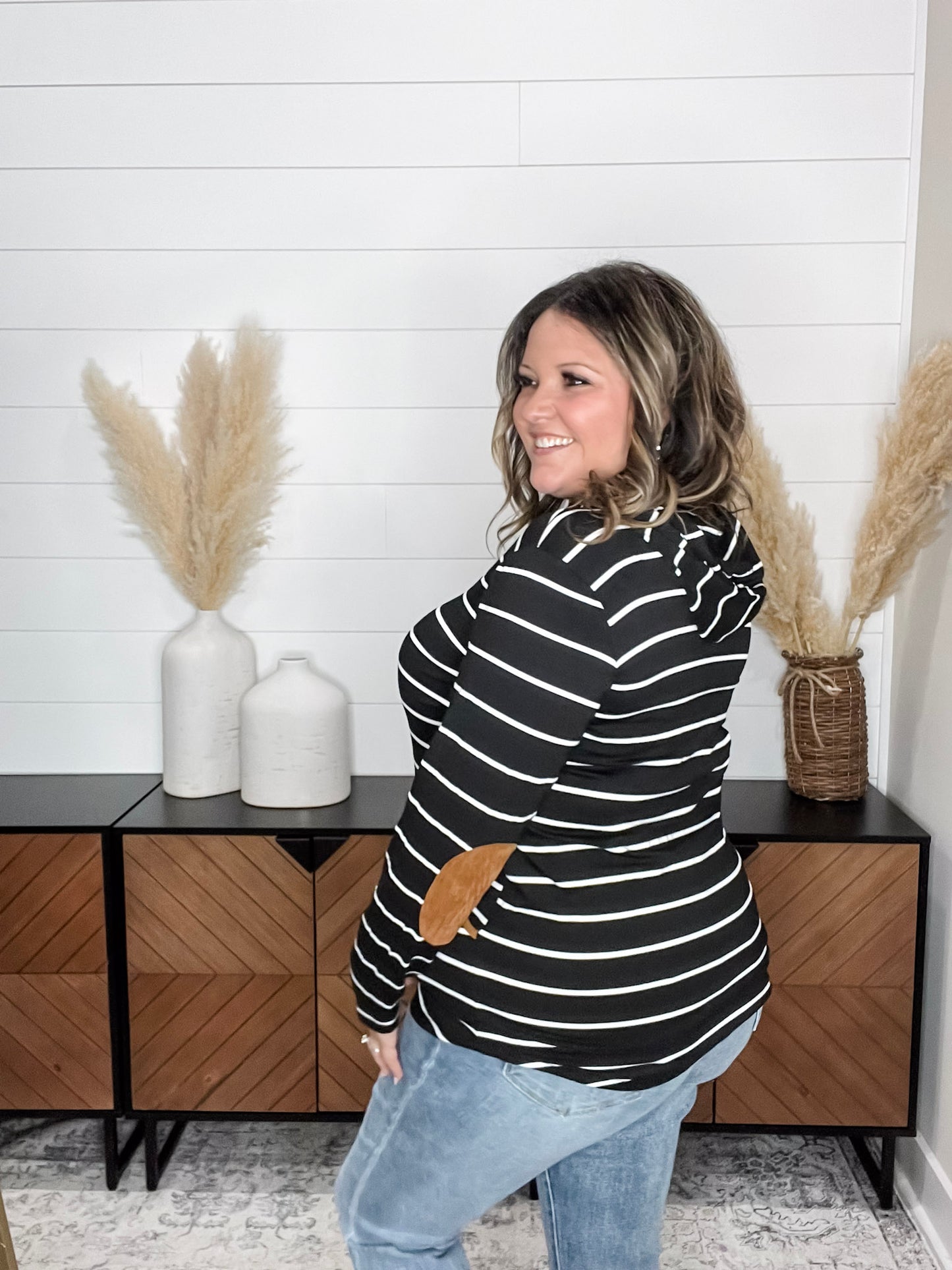 "Libby" Striped Hoodie with Faux Suede Elbow Patches