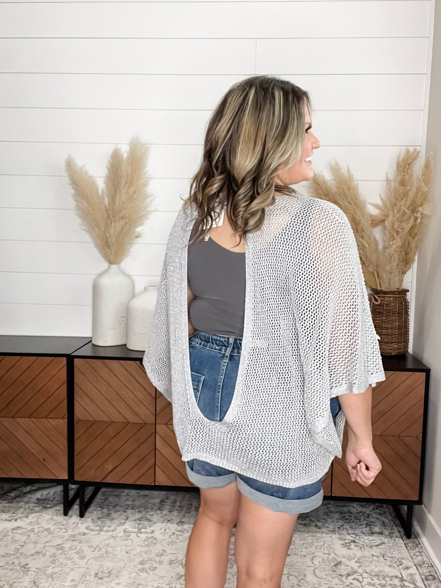"Added Touch" Loose Knit Cover Up Top (Silver)