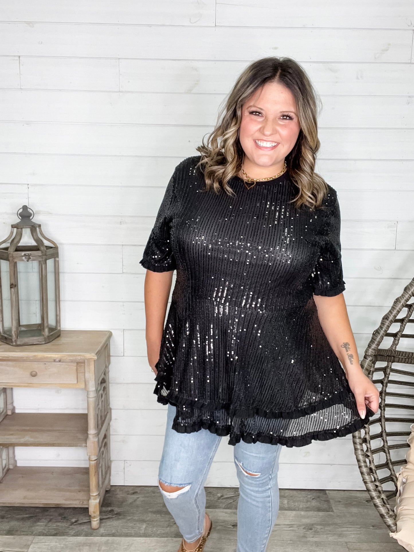 "Caught A Glimpse" Sequined Ruffle Hem and Sleeve (Black)