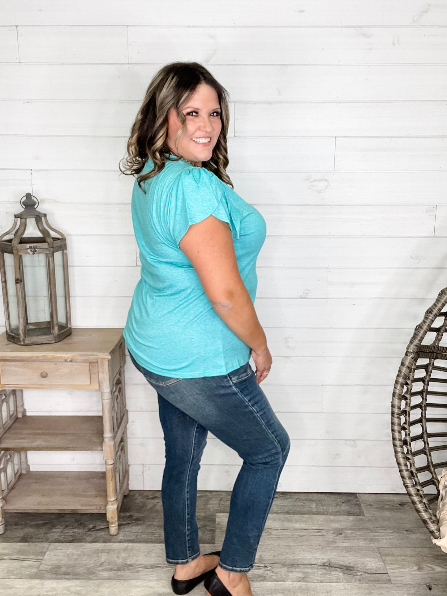 "Just The Beginning Chapter Two" Solid Tulip Sleeve V Neck (Turquoise)