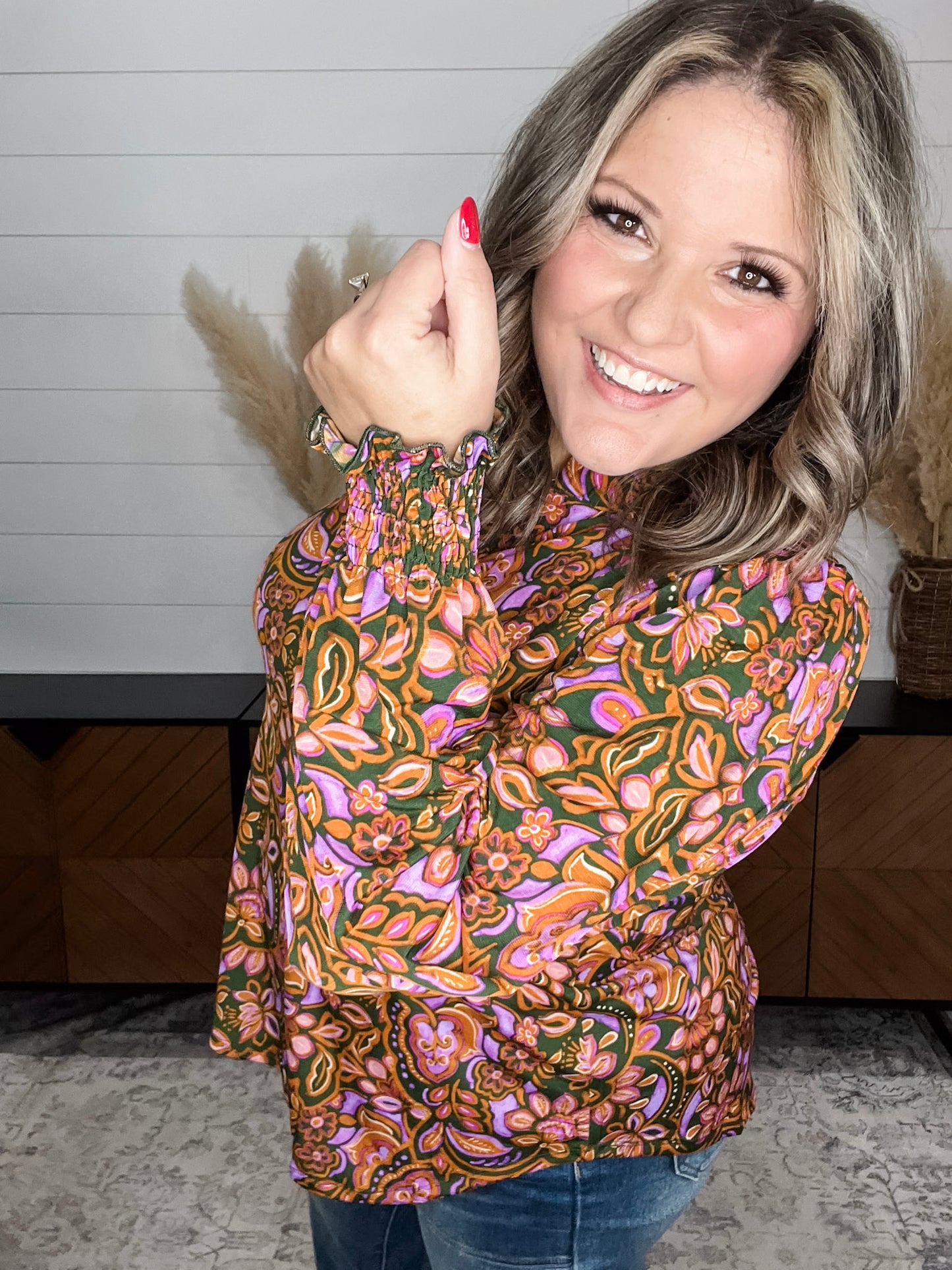 "Benton" Smocked Wrist Long Sleeve Split Neck