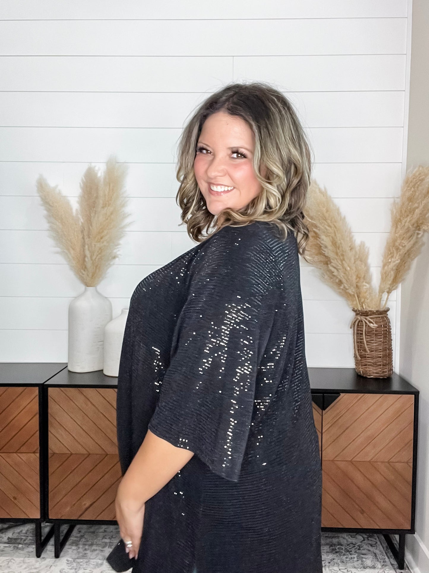 "Roosevelt" Short Sleeve Sparkle Cardigan with Double Ruffle Sleeve (Black)