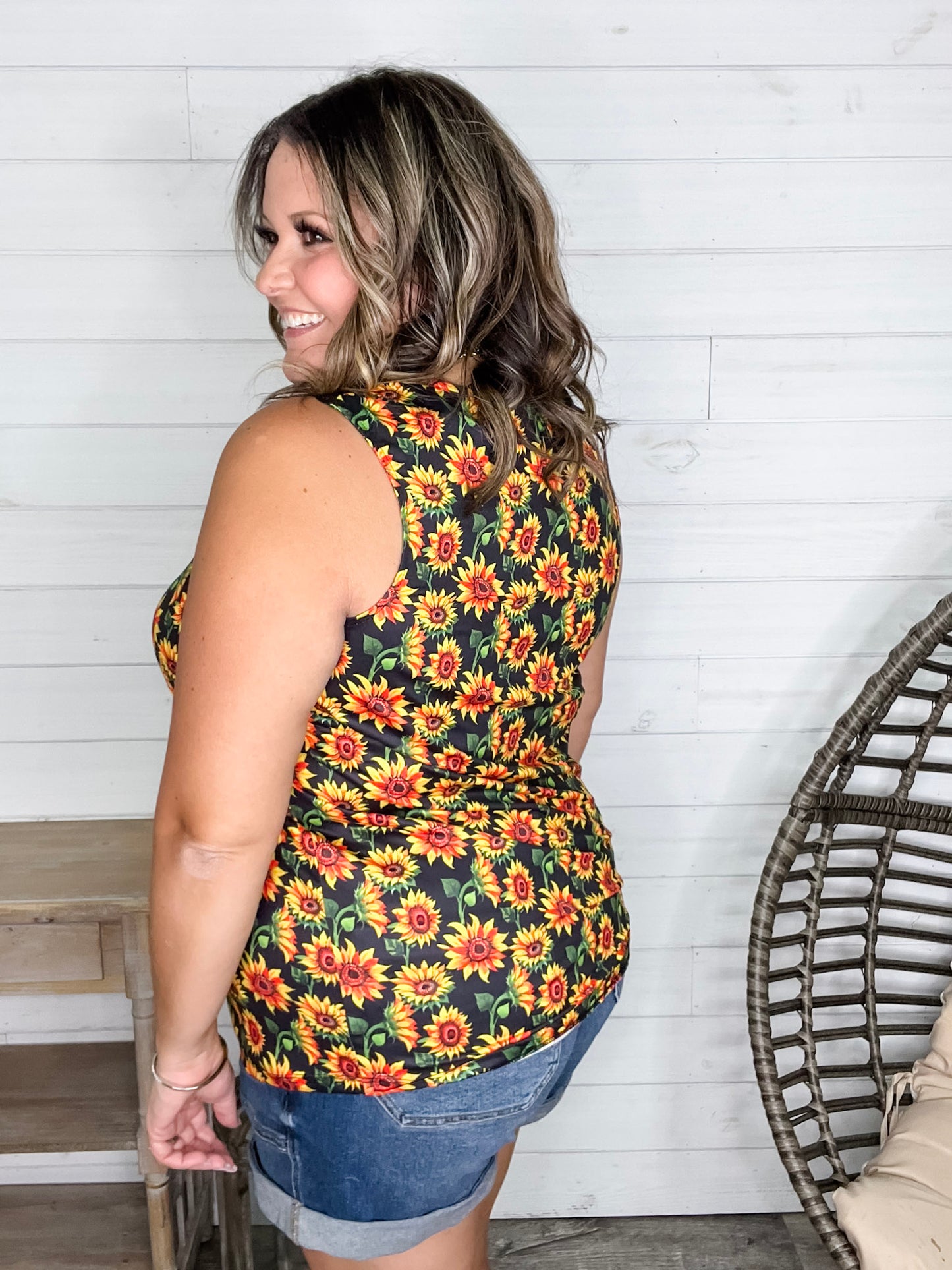 "I Am Happy" Sunflower Tank with Lace Detail