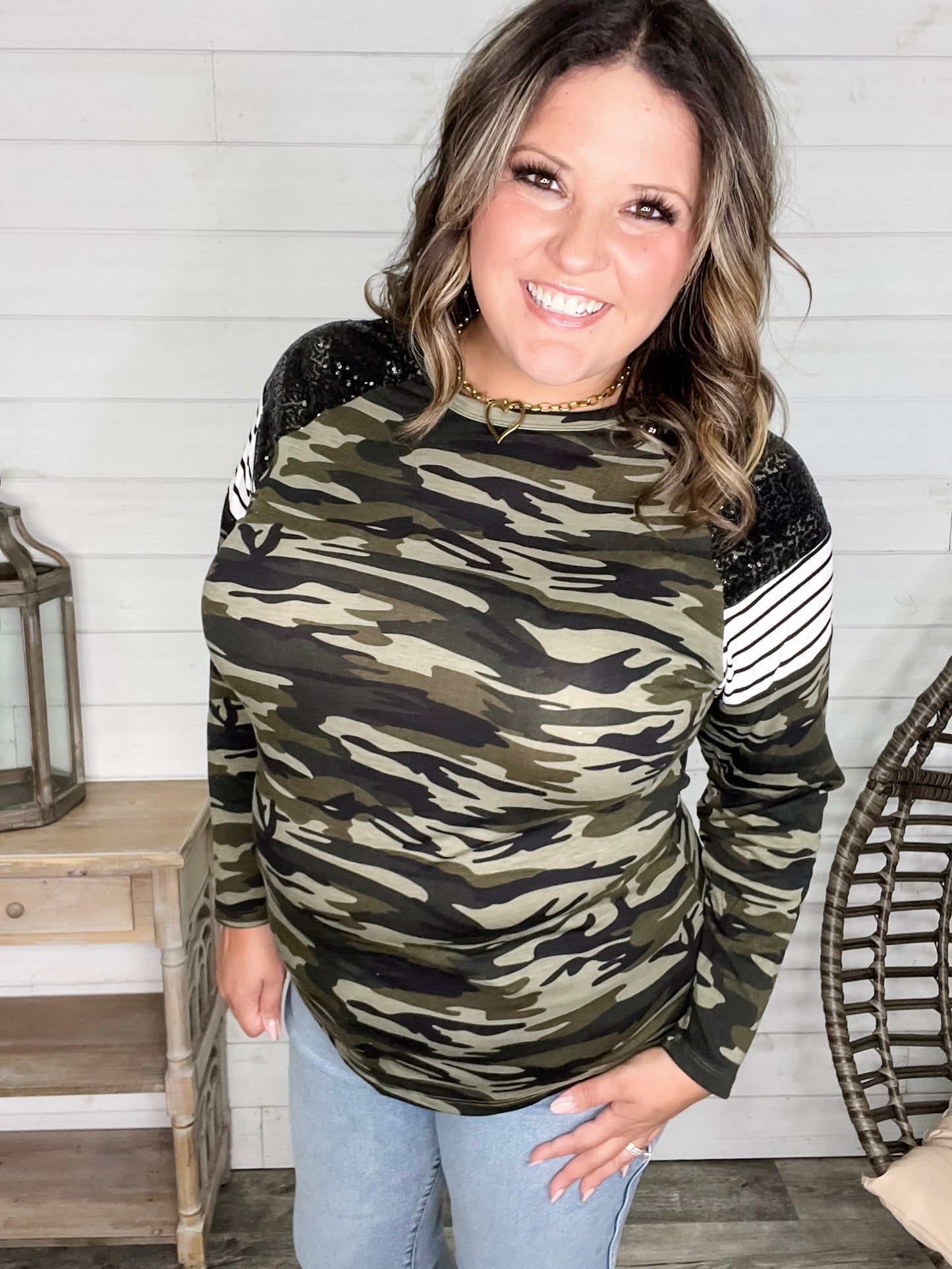 "Dare Me" Long Sleeve Camo and Sequin Accent