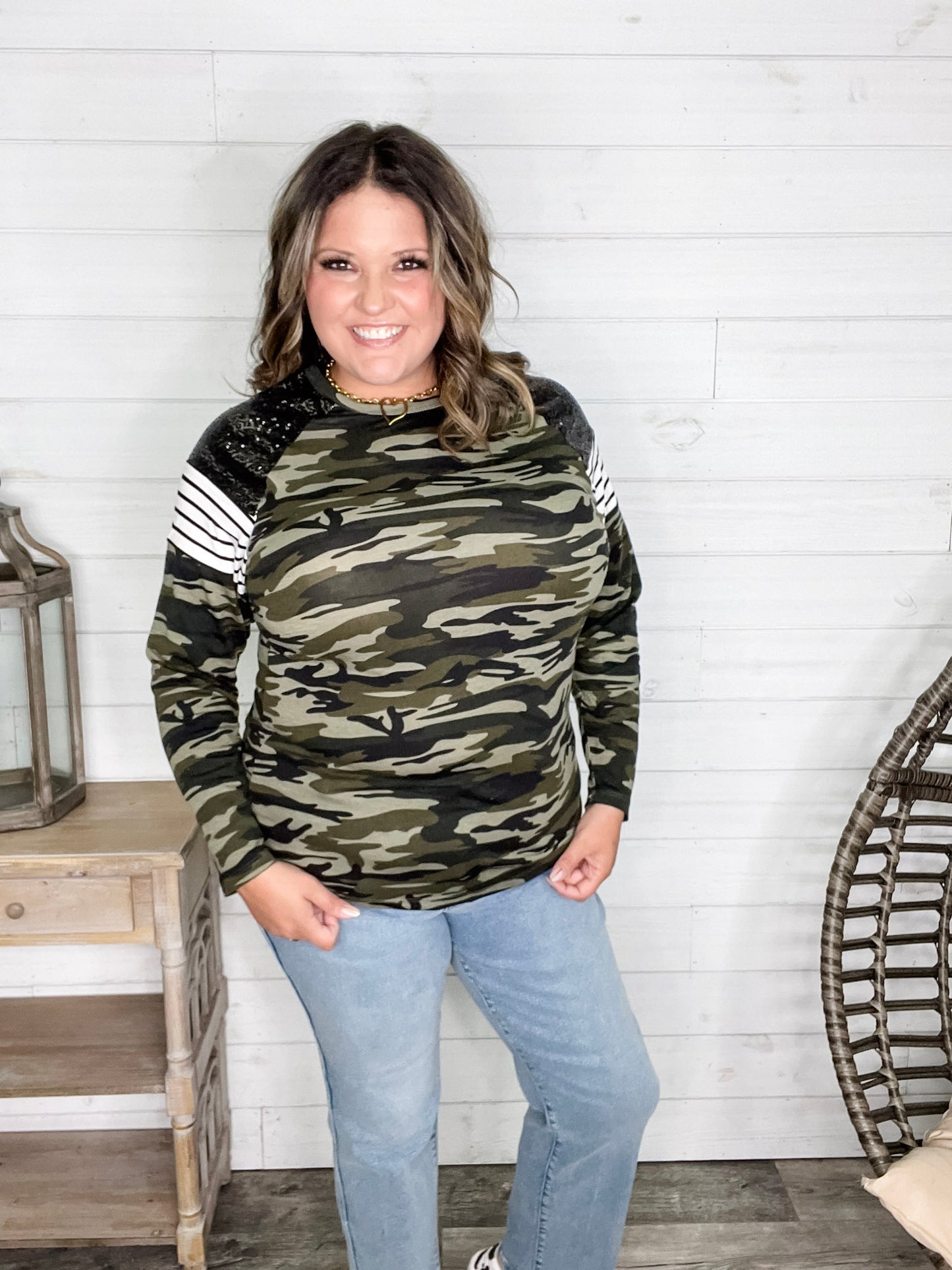 "Dare Me" Long Sleeve Camo and Sequin Accent