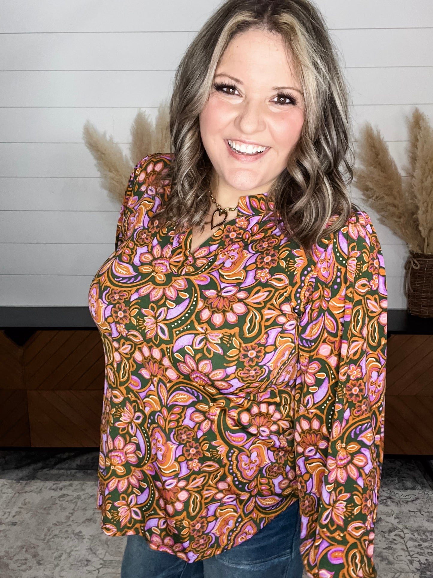 "Benton" Smocked Wrist Long Sleeve Split Neck