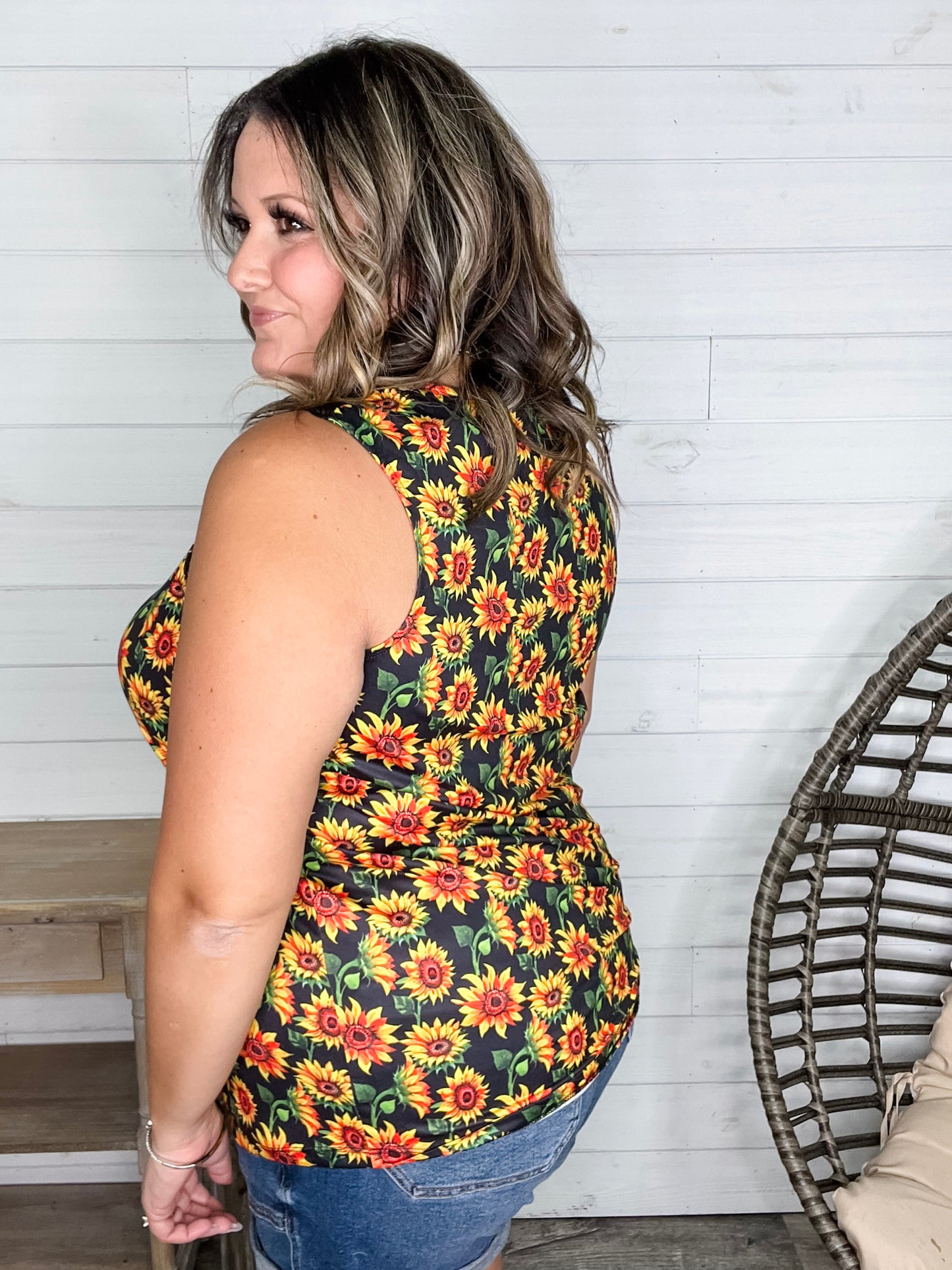 "I Am Happy" Sunflower Tank with Lace Detail