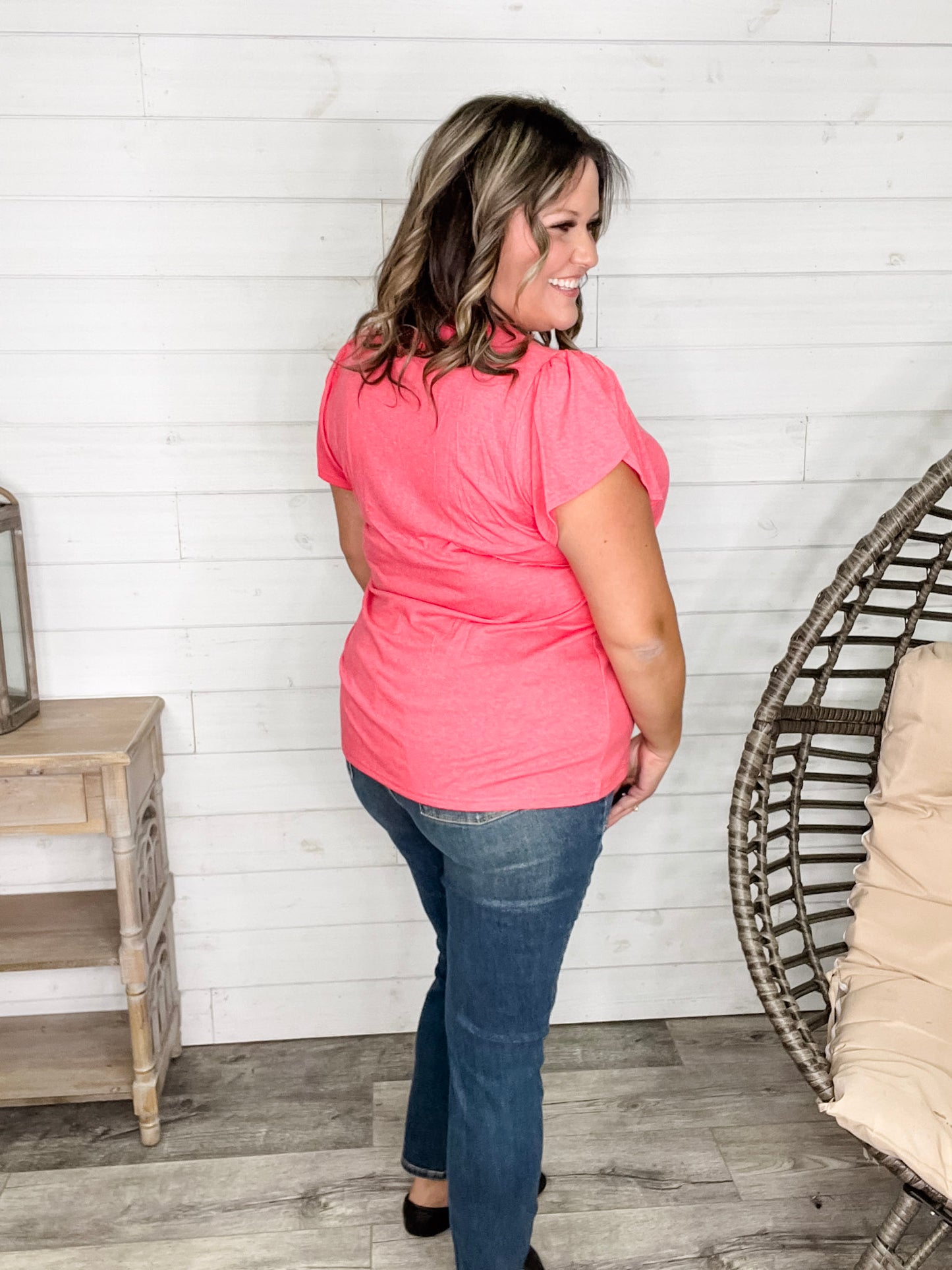 "Just The Beginning Chapter Two" Solid Tulip Sleeve V Neck (Coral)