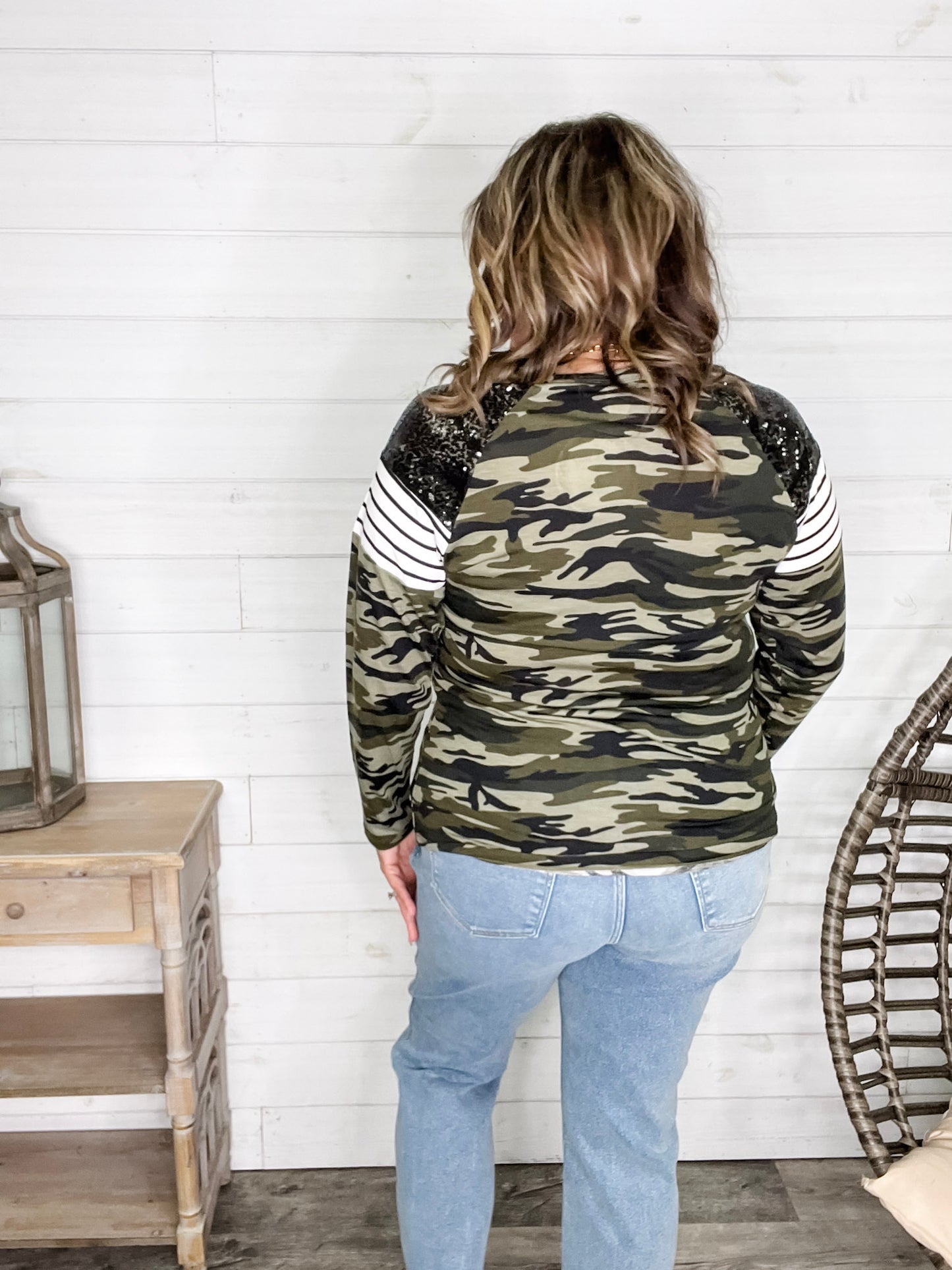 "Dare Me" Long Sleeve Camo and Sequin Accent