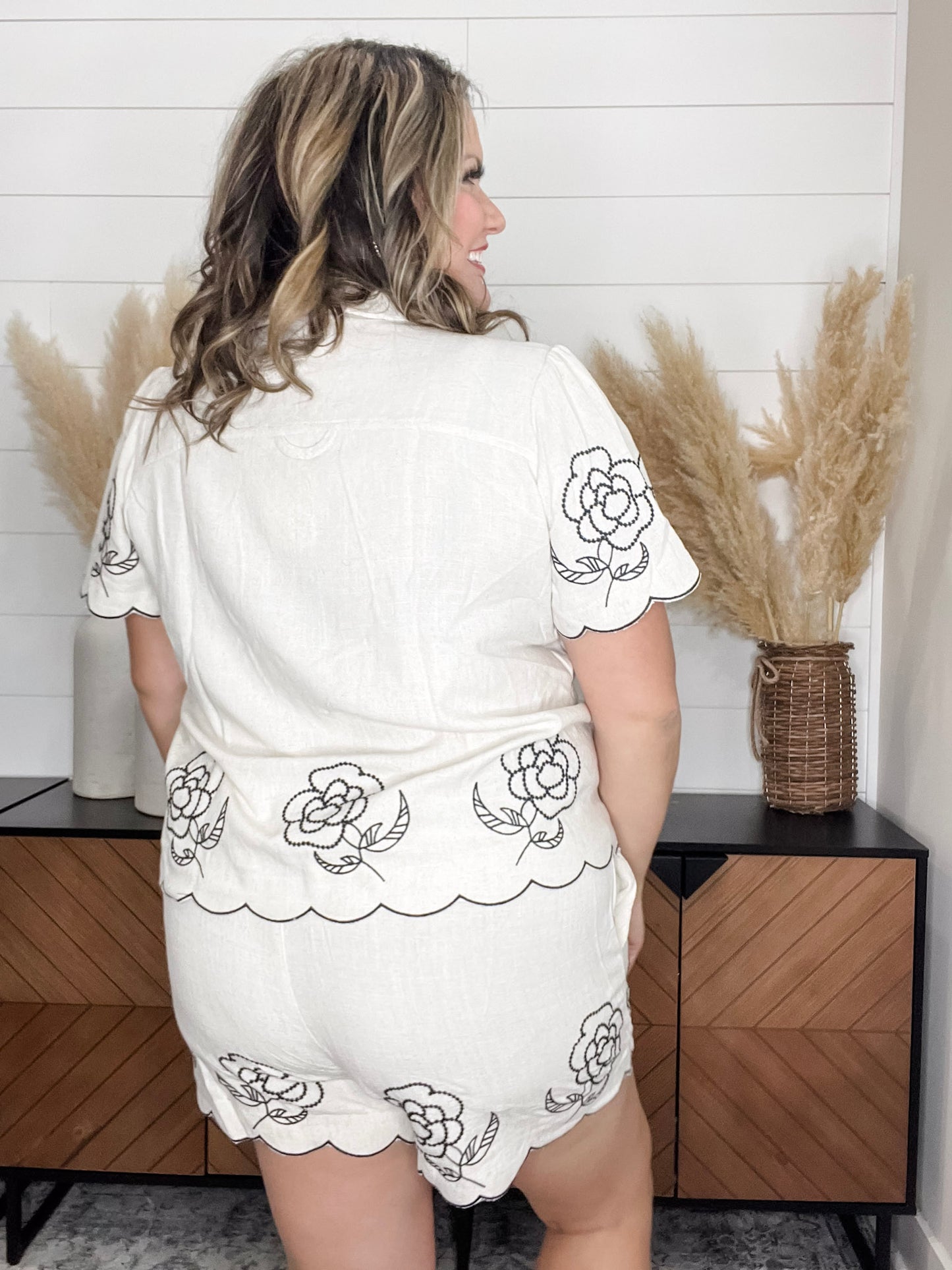 "Meaningful" Scalloped Edge Button Up Short Sleeve Embroidered Top