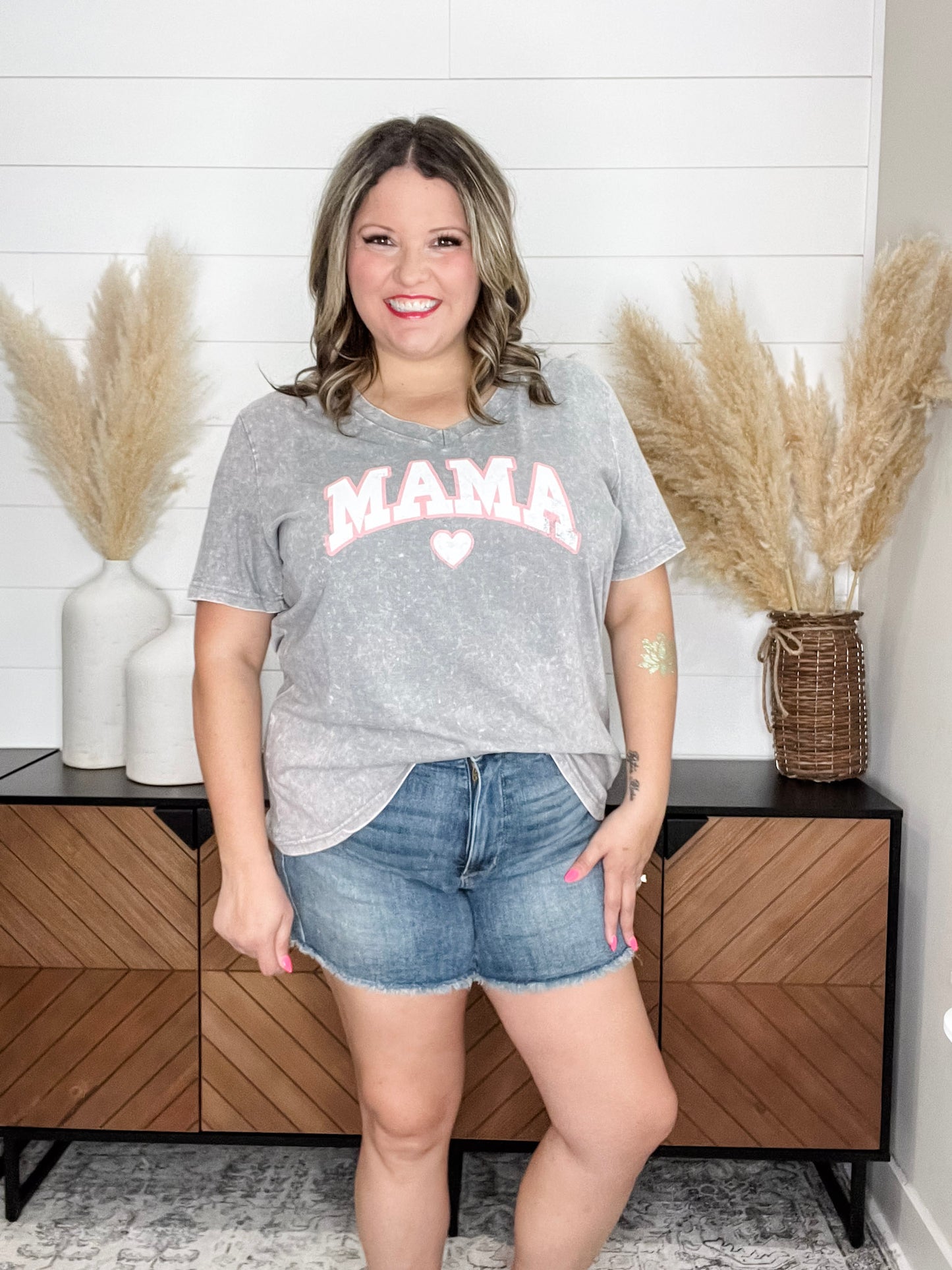 Mineral Wash "Mama" Graphic V Neck Tee