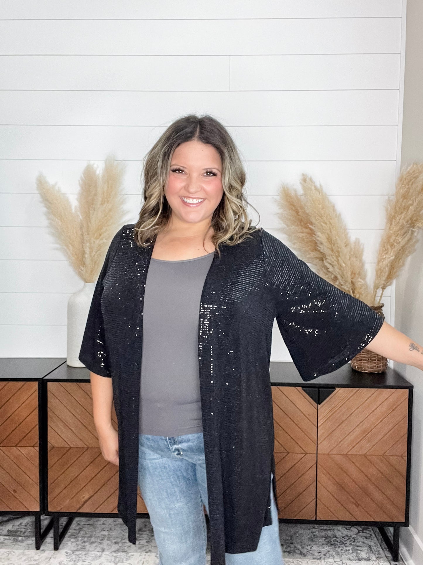 "Roosevelt" Short Sleeve Sparkle Cardigan with Double Ruffle Sleeve (Black)