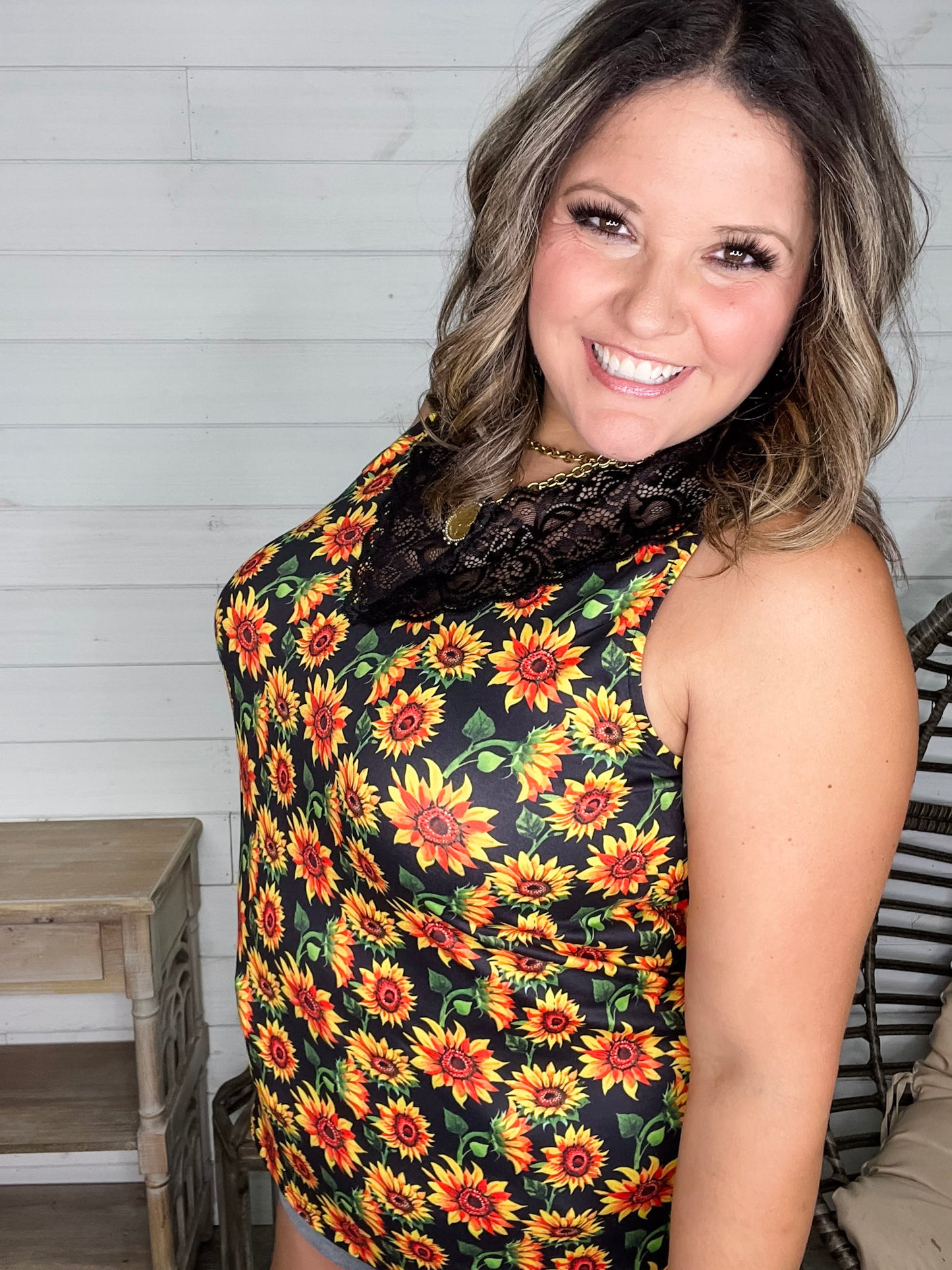 "I Am Happy" Sunflower Tank with Lace Detail