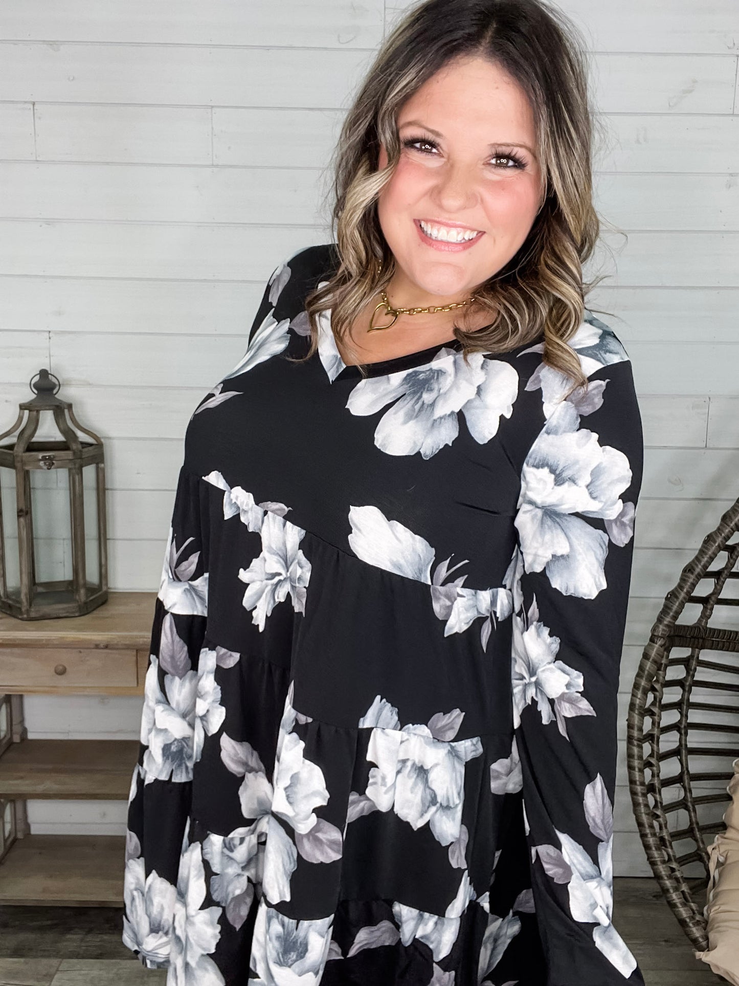 "Underground" Floral Long Sleeve Tiered Dress