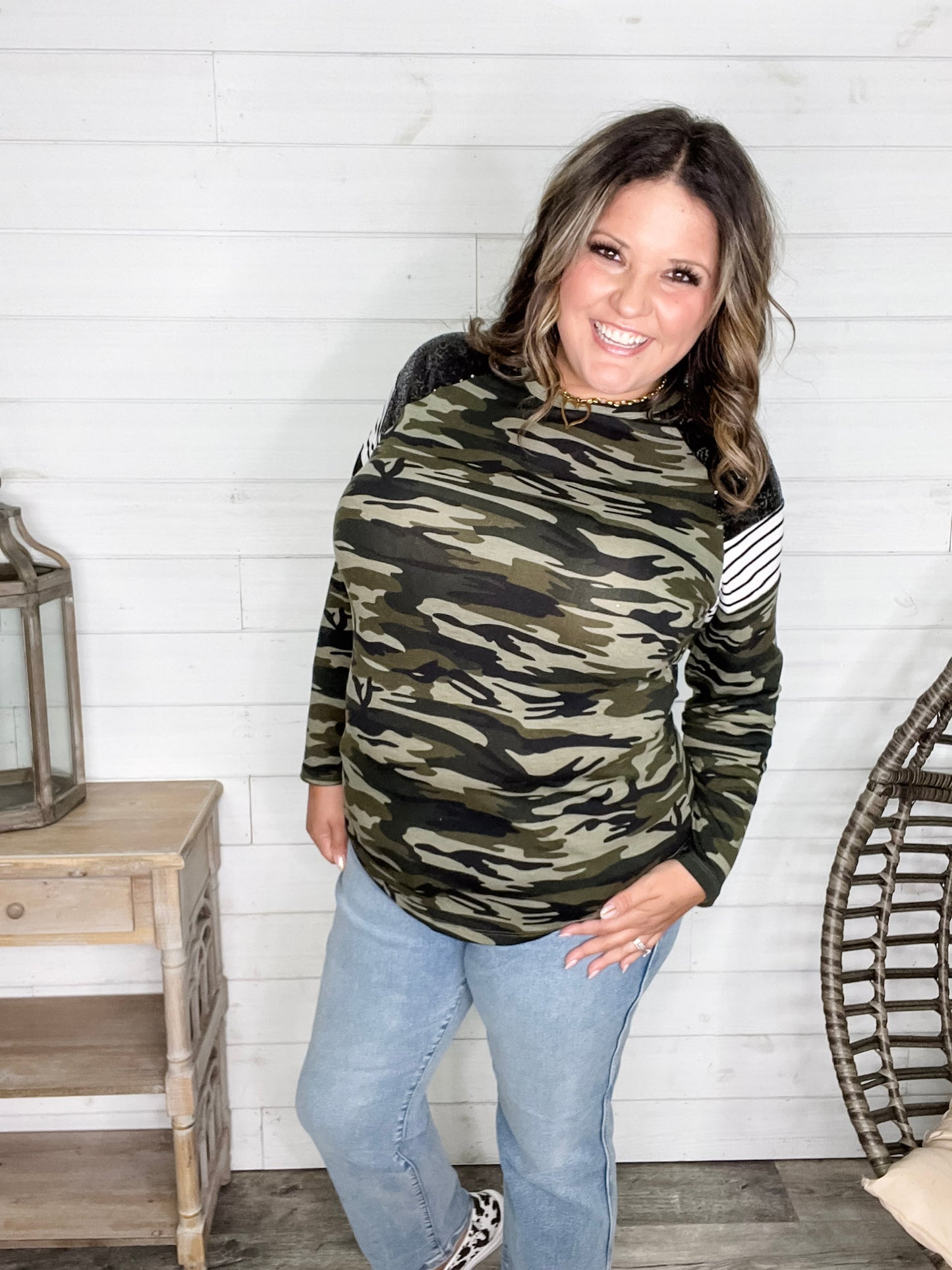 "Dare Me" Long Sleeve Camo and Sequin Accent