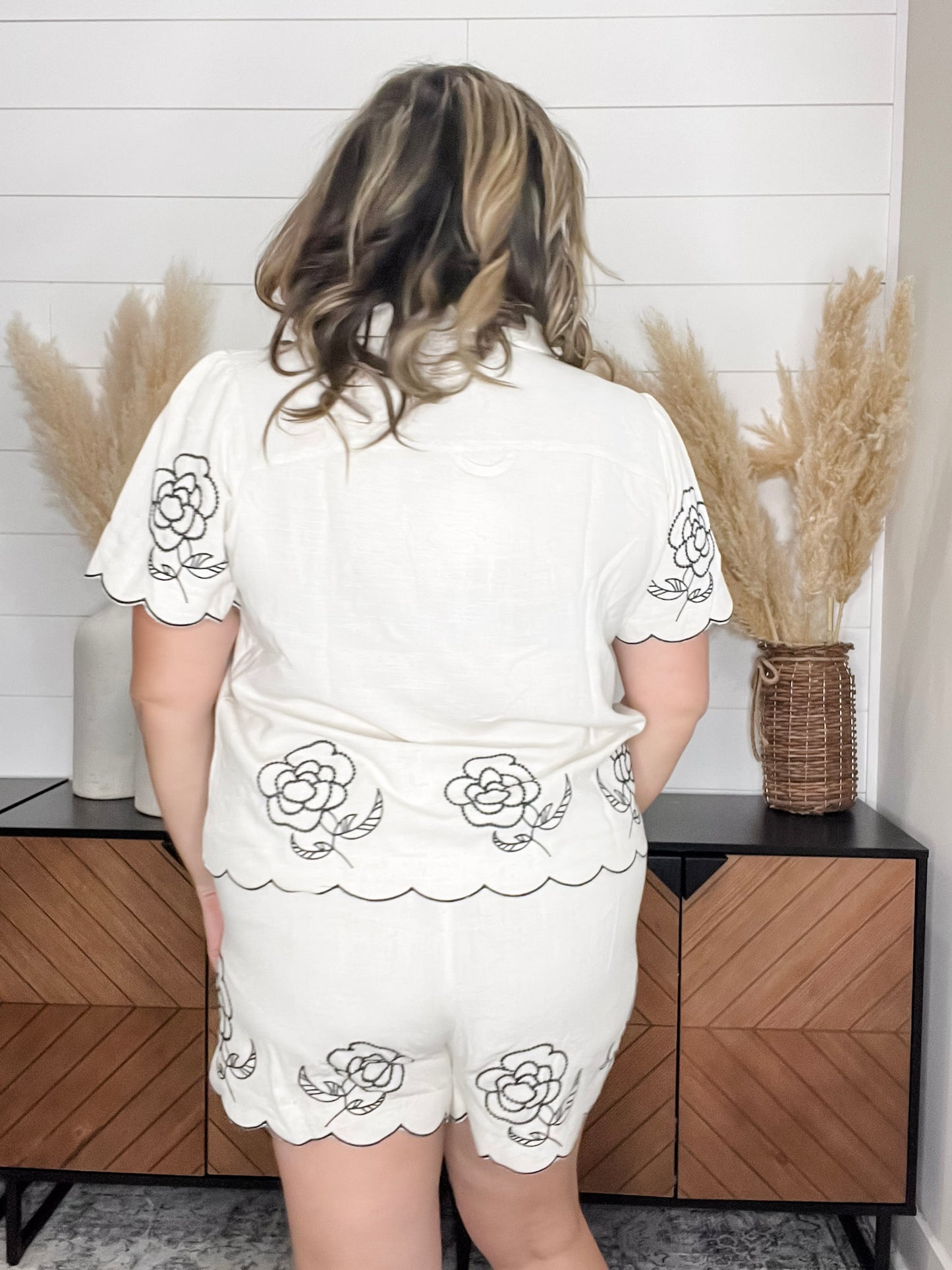 "Meaningful" Scalloped Edge Button Up Short Sleeve Embroidered Top