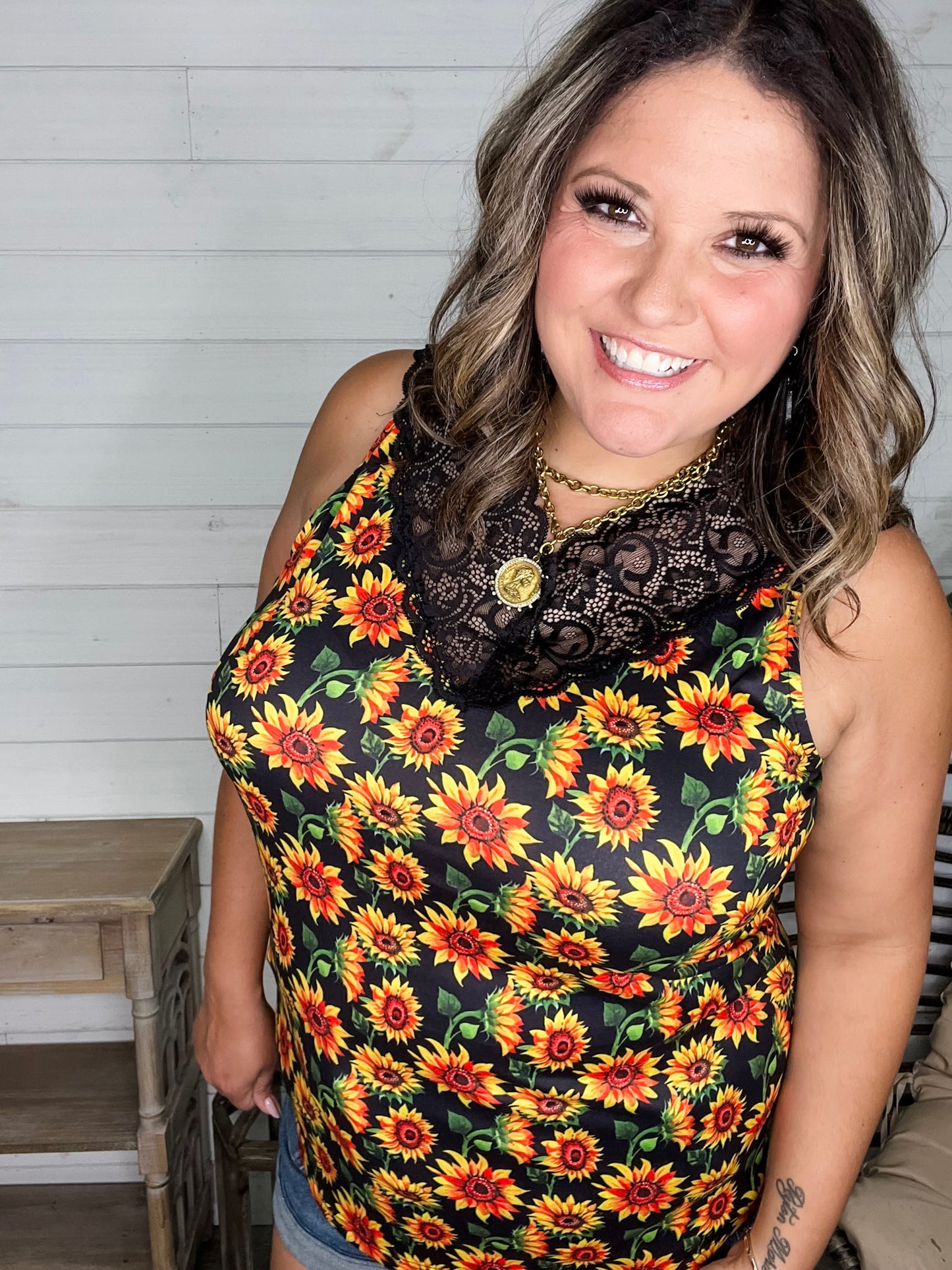 "I Am Happy" Sunflower Tank with Lace Detail