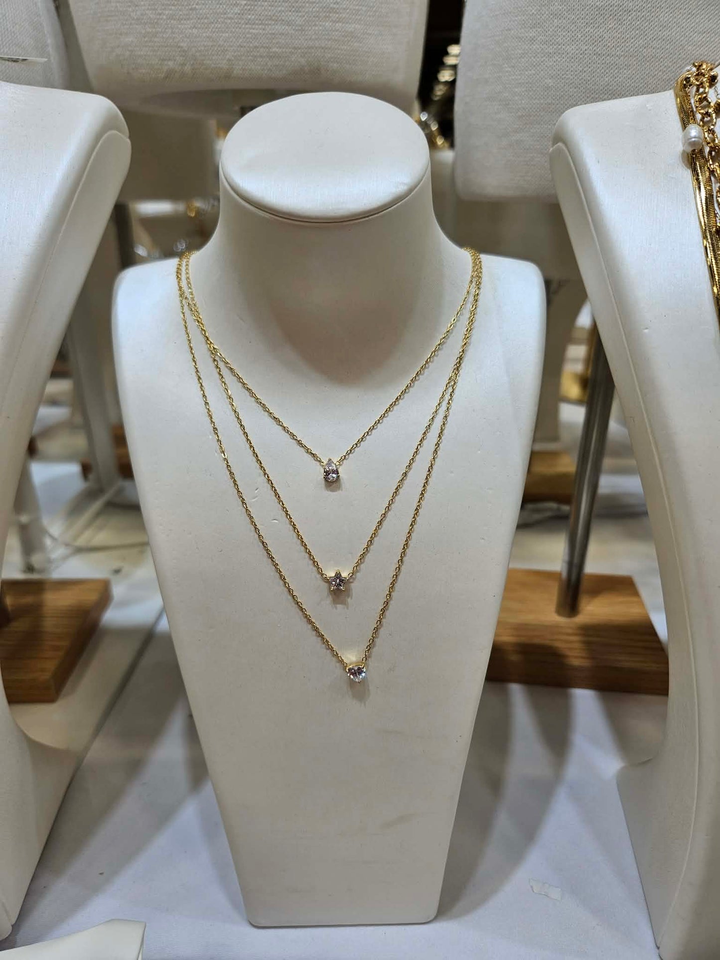 Water Resistant: Heart, Star, Teardrop Triple Chain Necklace